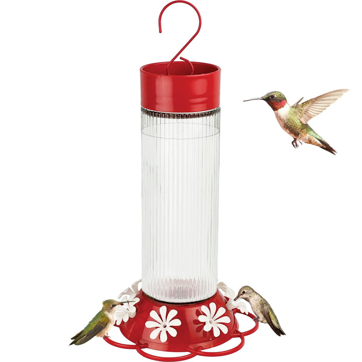 Nature's Way Hanging Glass Hummingbird Feeder for Outdoor Décor, 28 Ounce Capacity Nectar Feeder, Ant Moat, 7 Easy to Clean Flexible Ports, Red
