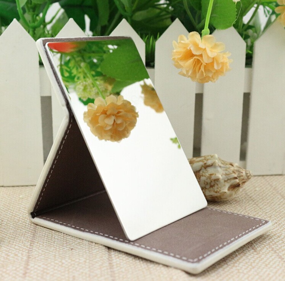 yueton Shatterproof Stainless Steel Ultrathin Folding Travel Mirror Makeup Mirror with PU Leather Case Cover for Personal Use, Camping, Travelling, Emergency Signaling
