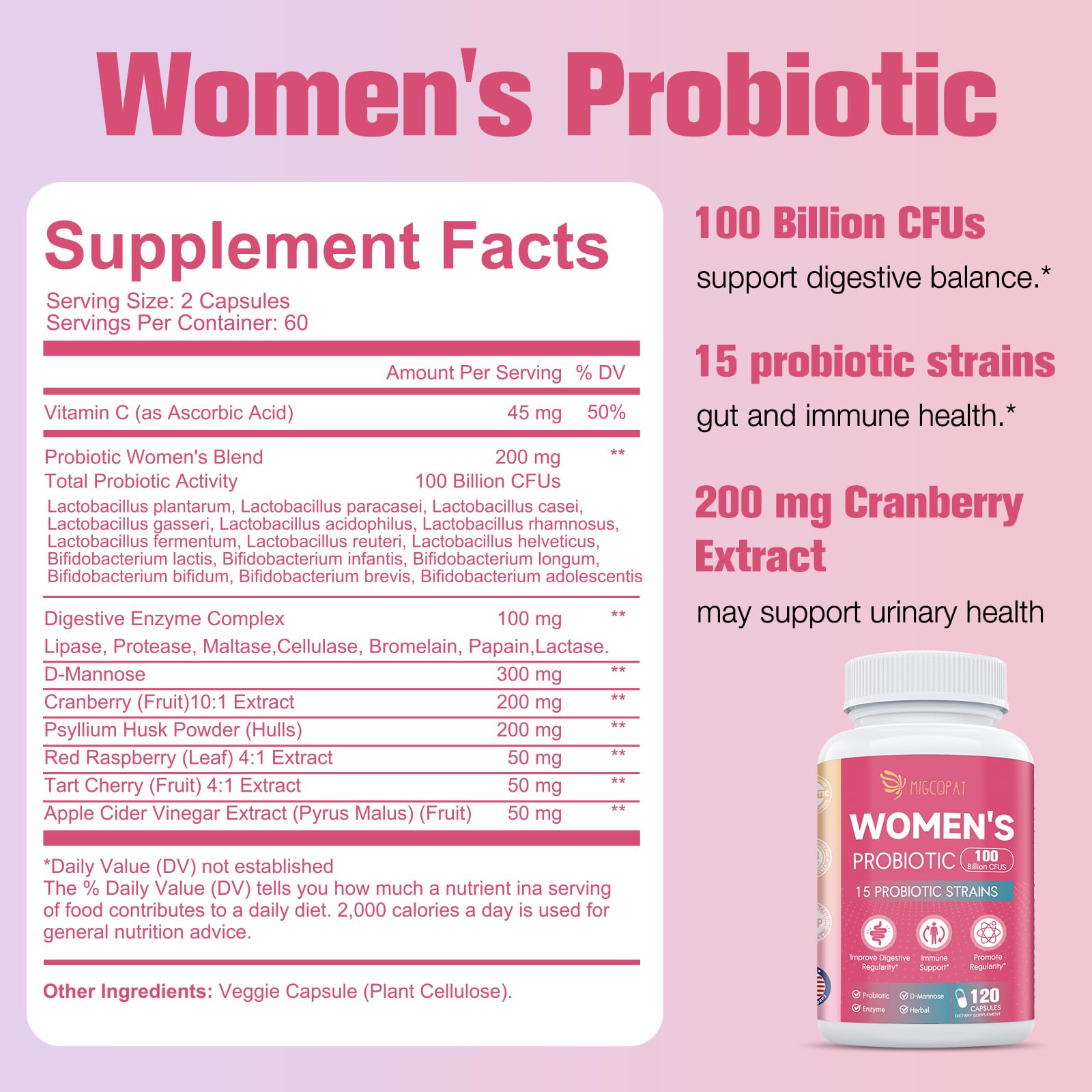 Womens Probiotic, 100 Billion CFU Probiotics for Women with Prebiotics, Digestive Enzymes, D-Mannose & Cranberry Extract for Immune Support, Vaginal & Urinary Health, Digestive Balance - 120 Capsules