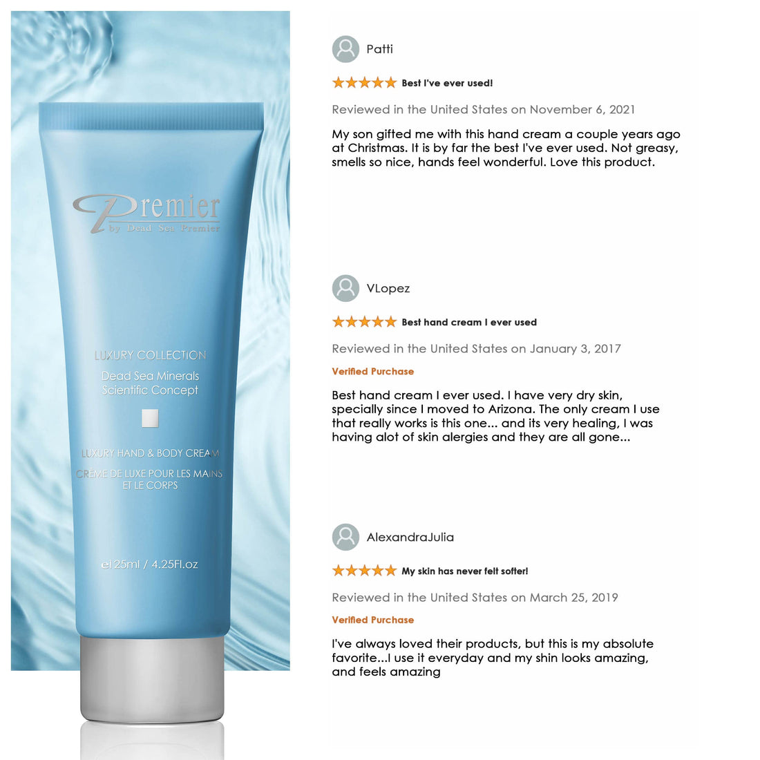 Premier Dead Sea Luxury Hand & Body Cream, hydrating, fast absorbing, no tackiness, relaxing , with witch hazel and vitamins 4.25fl.oz