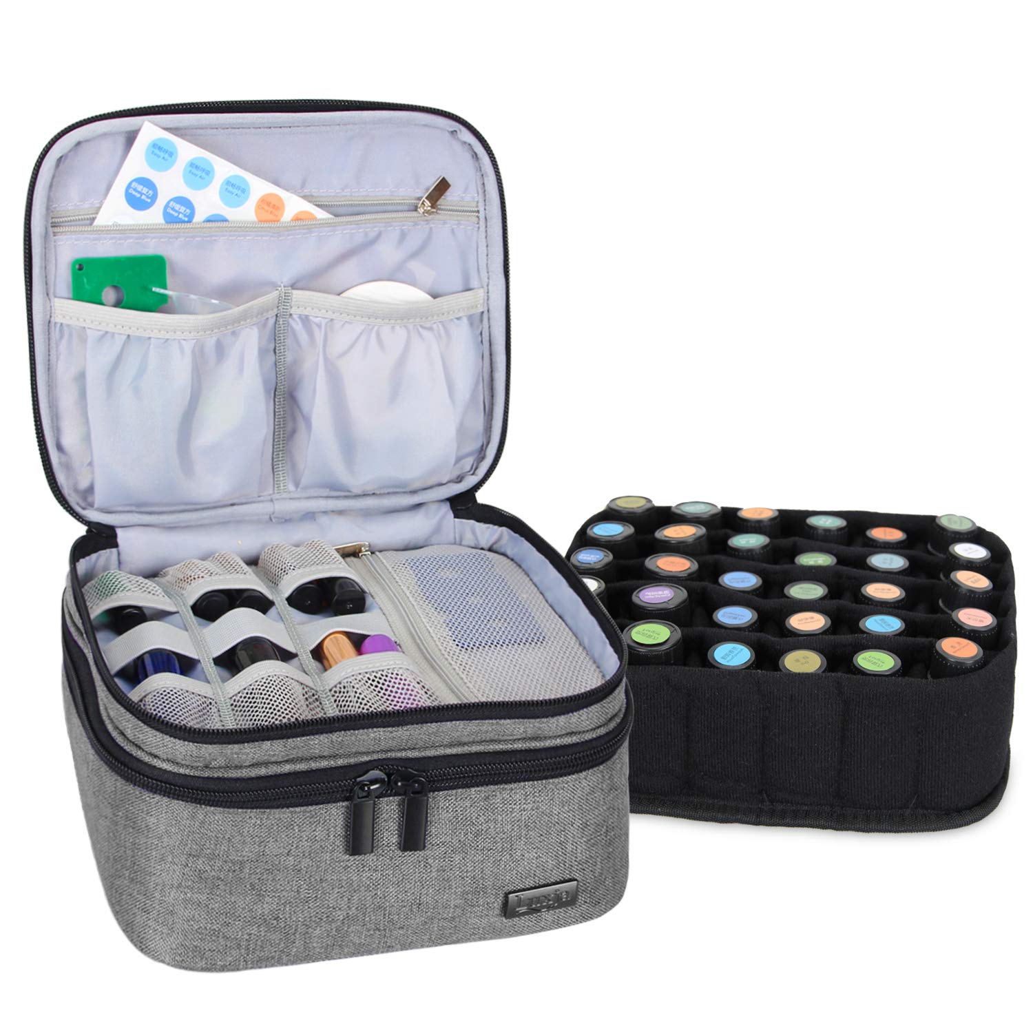 Luxja Essential Oil Carrying Case - Holds 30 Bottles (5ml-30ml, Also Fits for Roller Bottles), Double-Layer Organizer for Essential Oil and Accessories, Gray (Bag Only)