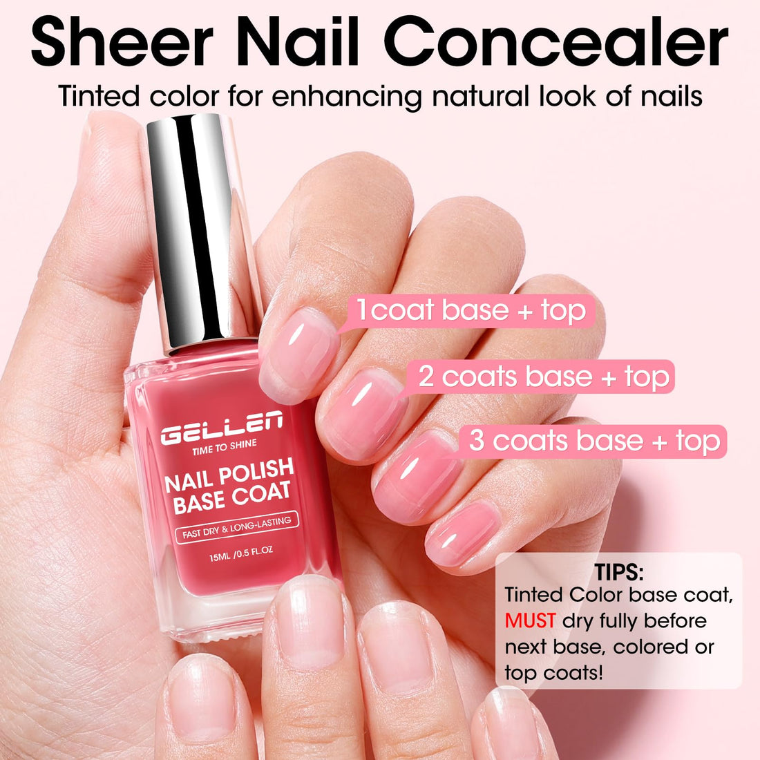 Gellen 4-in-1 Clear Nail Polish Base Coat Sheer Tinted Red, Ridge Filler, Nail Strengthener & Concealer, Calcium Formula Strengthens Nails, Natural Color Enhances Natural Look, No HEMA, Anti-yellowing