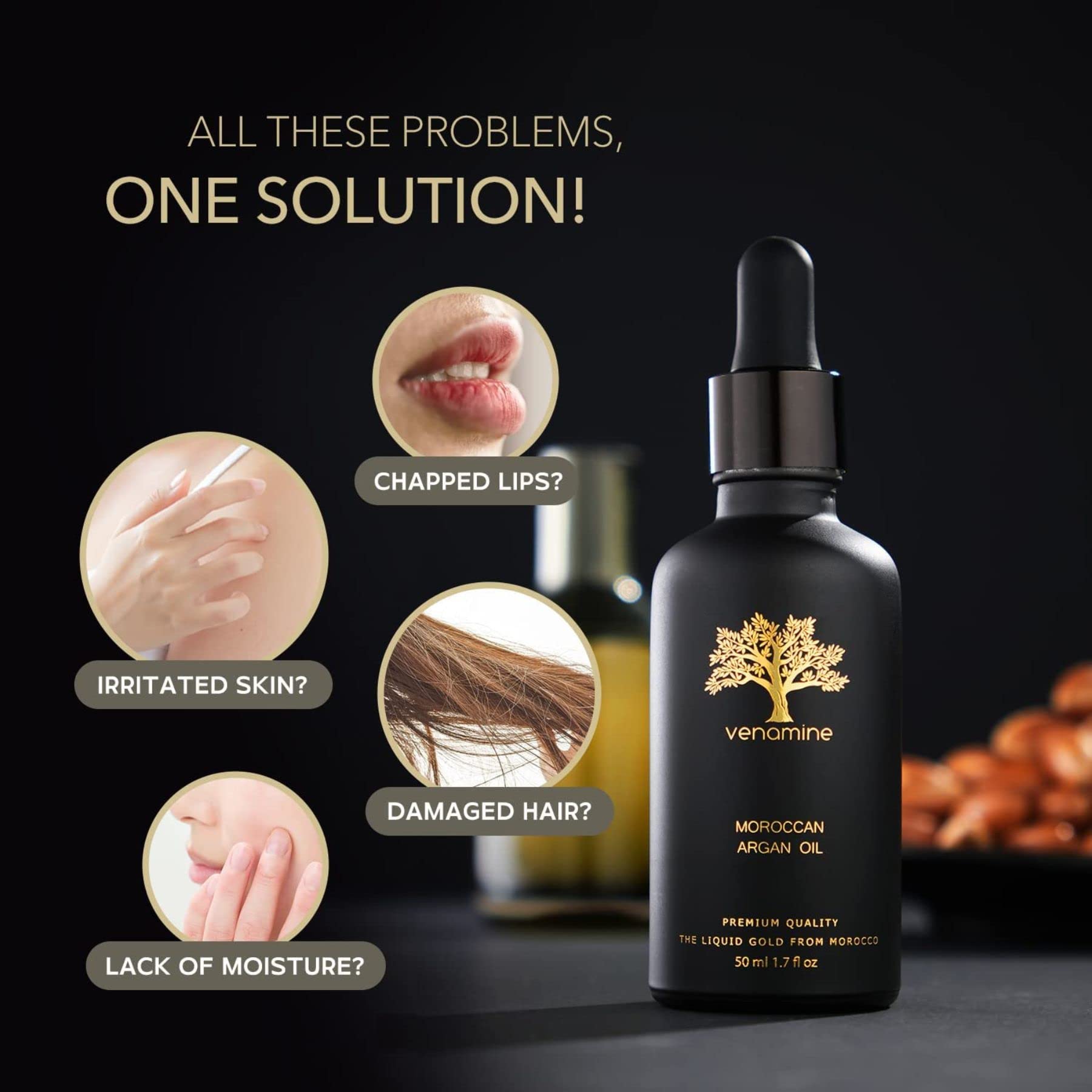 VENAMINE Organic Argan Oil, 100% Pure USDA Certified, For Hair, Face & Skin, Imported from Morocco 50 ml 1.7 fl.oz