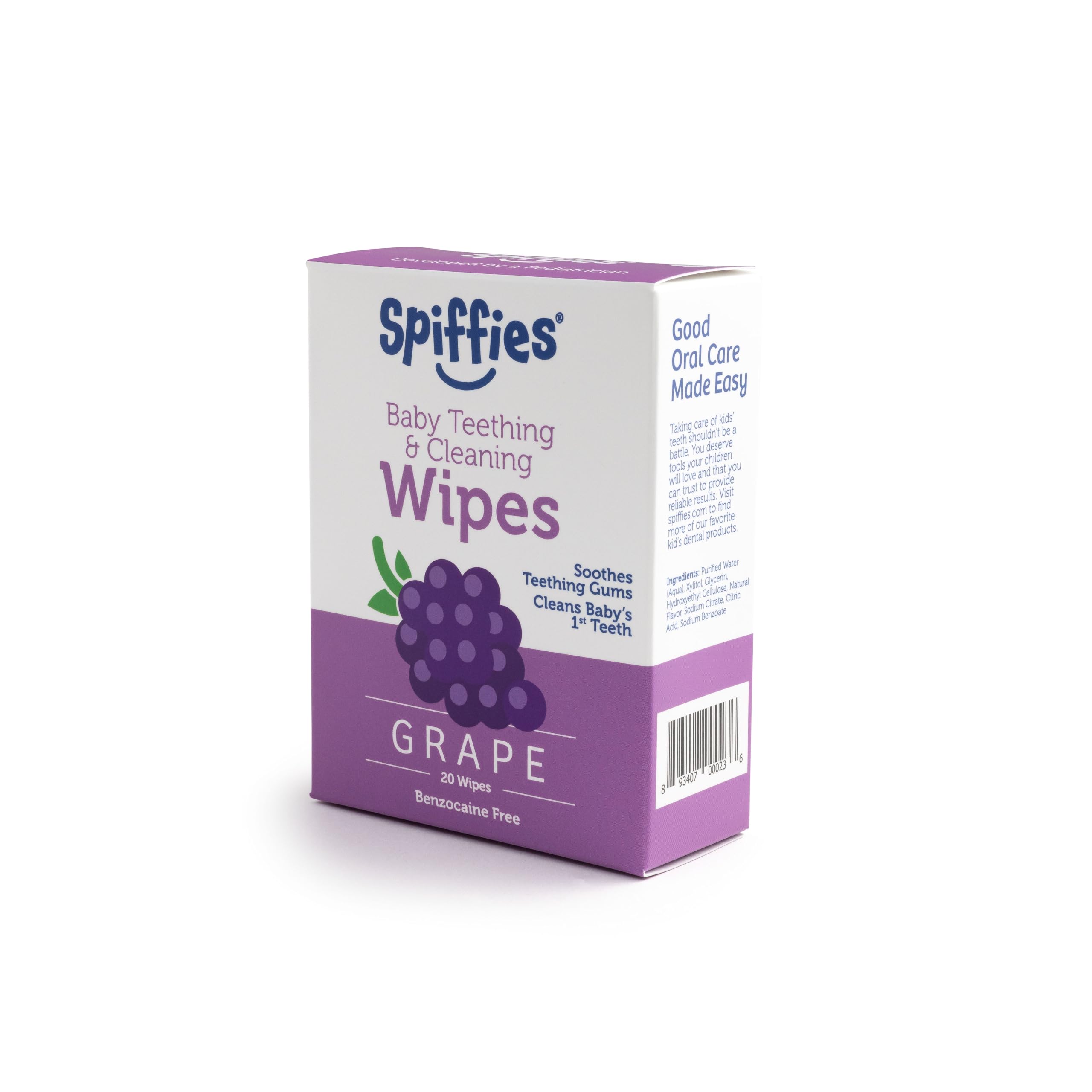 Spiffies Baby Teeth Wipes - Grape Flavor, Xylitol-Enriched Baby Gum Cleaner & Dental Wipes for Teething Relief and Teeth Cleaning - Safe for Infants & Toddlers, 20 Count (Pack of 6)
