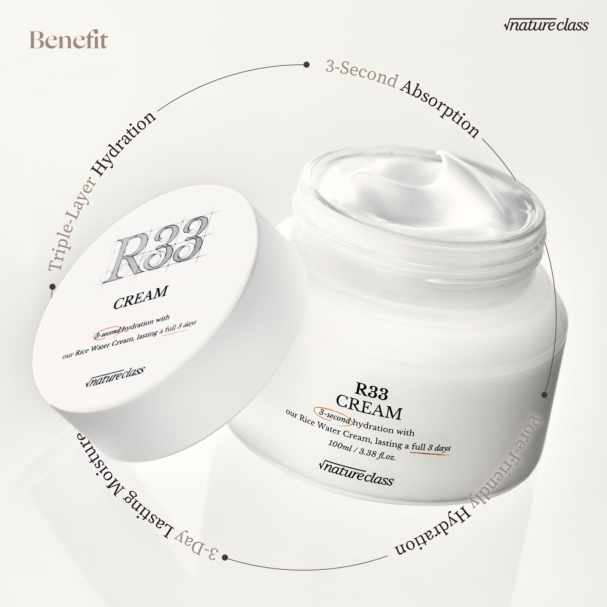 NATURECLASS] R33 Moisturizing Facial Cream with Rice-Peptide & Skin-Breathing Complex – Fast Absorbing Hydration, 72-Hour Lasting Moisture, Non-Comedogenic, Korean Skincare 3.38 fl.oz.