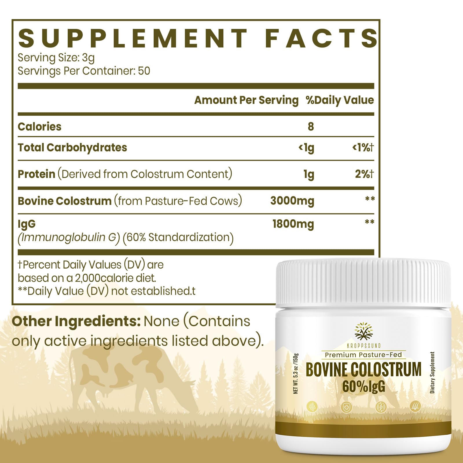 Kroppssund Bovine Colostrum Powder Supplement 3000 mg - Extra High 60% IgG Bovine Colostrum - Gut, Bone, Exercise, Immune - 50 Servings (1 Bottle)