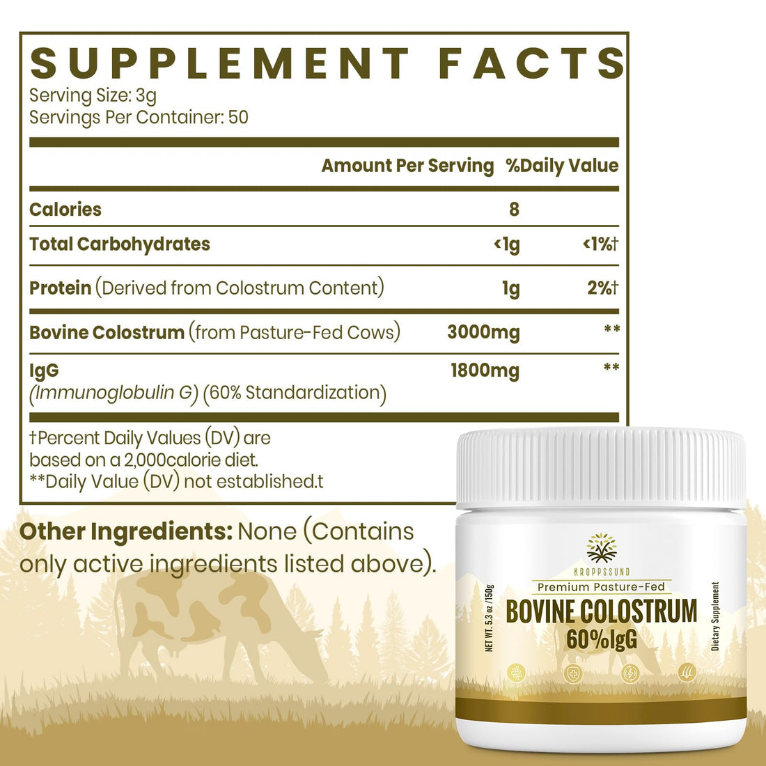 Kroppssund Bovine Colostrum Powder Supplement 3000 mg - Extra High 60% IgG Bovine Colostrum - Gut, Bone, Exercise, Immune - 50 Servings (1 Bottle)