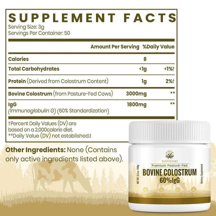 Kroppssund Bovine Colostrum Powder Supplement 3000 mg - Extra High 60% IgG Bovine Colostrum - Gut, Bone, Exercise, Immune - 50 Servings (1 Bottle)