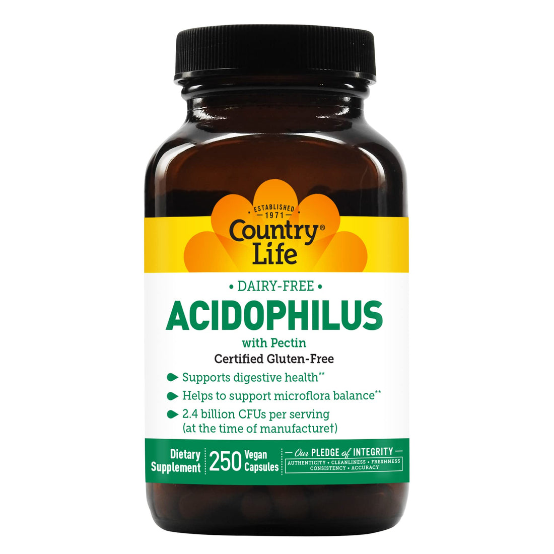 Country Life Acidophilus Probiotic Supplement for Women & Men - Free from Common Allergens - 2.4 Billion CFUs to Support Digestive Health - Dairy-Free, Non-GMO, 250 Vegan Capsules