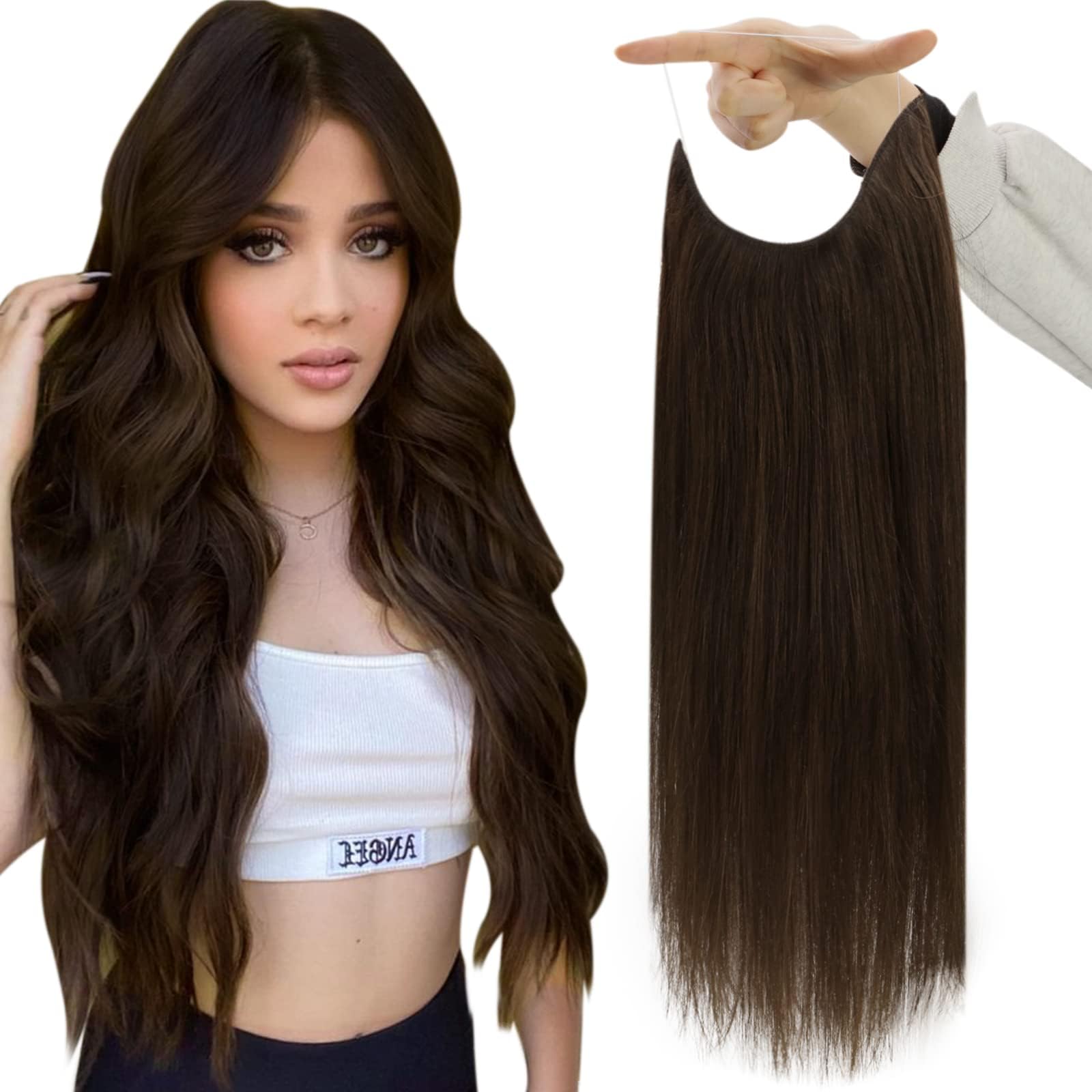 Fshine Wire Hair Extensions Darkest Brown 18 Inch Hidden Hair Extensions Crown Human Hair One Piece Clip in Real Hair Extensions for Thin Hair 80 Gram Invisible Fish Line Hair Extensions