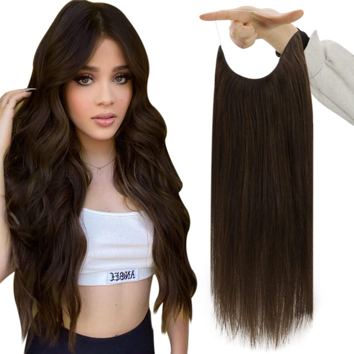 Fshine Wire Hair Extensions Darkest Brown 18 Inch Hidden Hair Extensions Crown Human Hair One Piece Clip in Real Hair Extensions for Thin Hair 80 Gram Invisible Fish Line Hair Extensions