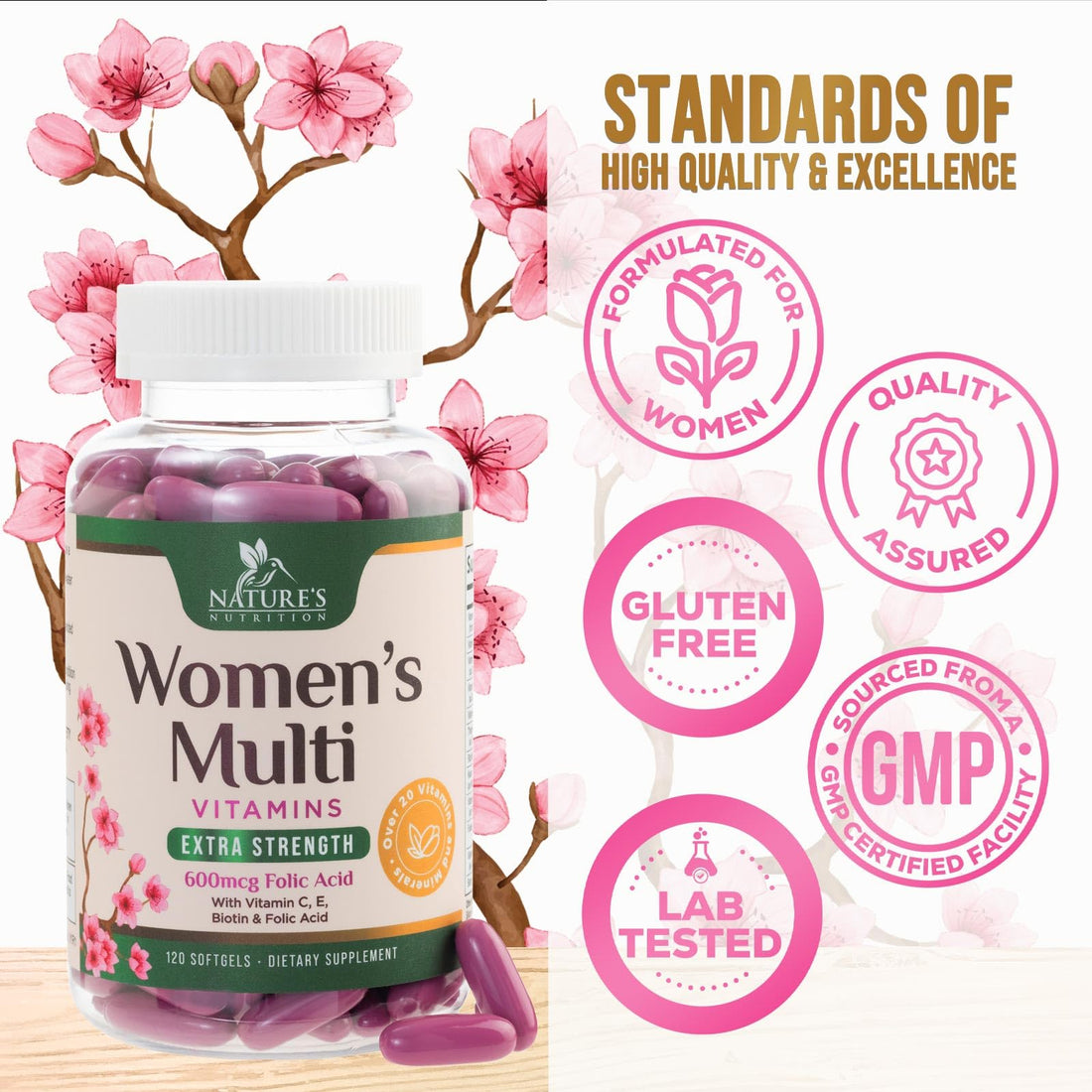 Multivitamin for Women with Iron, Calcium, Zinc, Vitamin A, C, D, E, & B Vitamins for Bone, Skin & Immune Health Support, Nature's Daily Womens Multivitamins for Women's Energy & Health, 120 Softgels