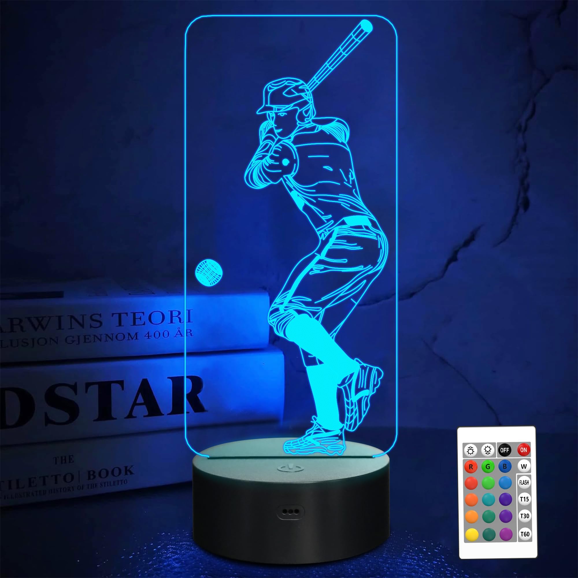 FULLOSUN Baseball 3D Night Light, Sport Gifts Bedside Lamp for Xmas Holiday Birthday Gifts for Kids Baseball Fan with Remote Control 16 Colors Changing + 4 Changing Mode + Dim Function