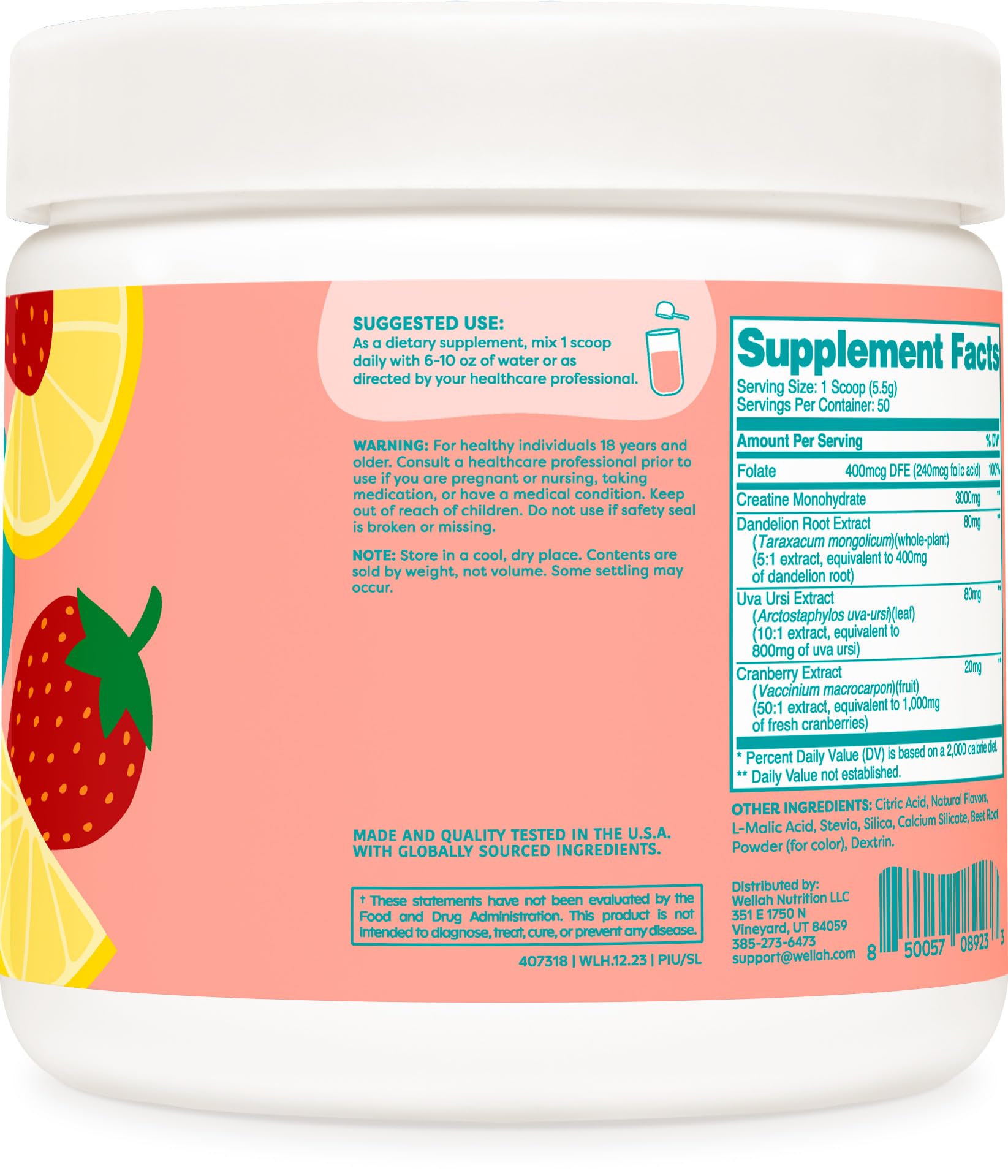 Wellah Pump-It-Up Creatine (50 Servings, Strawberry Lemonade) - Creatine Monohydrate with Dandelion, Uva Ursi, & Cranberry Extract
