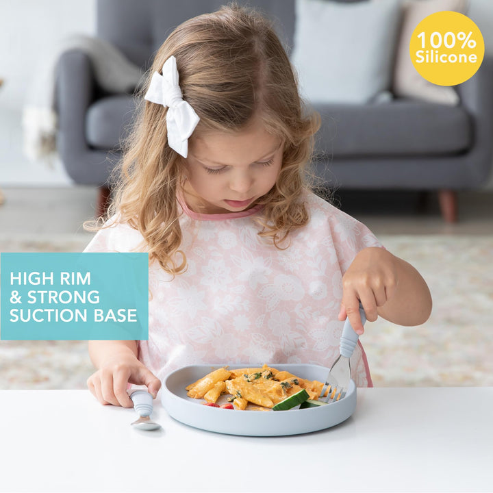 Bumkins Toddler and Baby Suction Plate, Silicone Grip Dish for Babies and Kids, Baby Led Weaning, Children Feeding Supplies, Non Skid Sticky Bottom, Platinum Silicone, Ages 6 Months Up, Gray