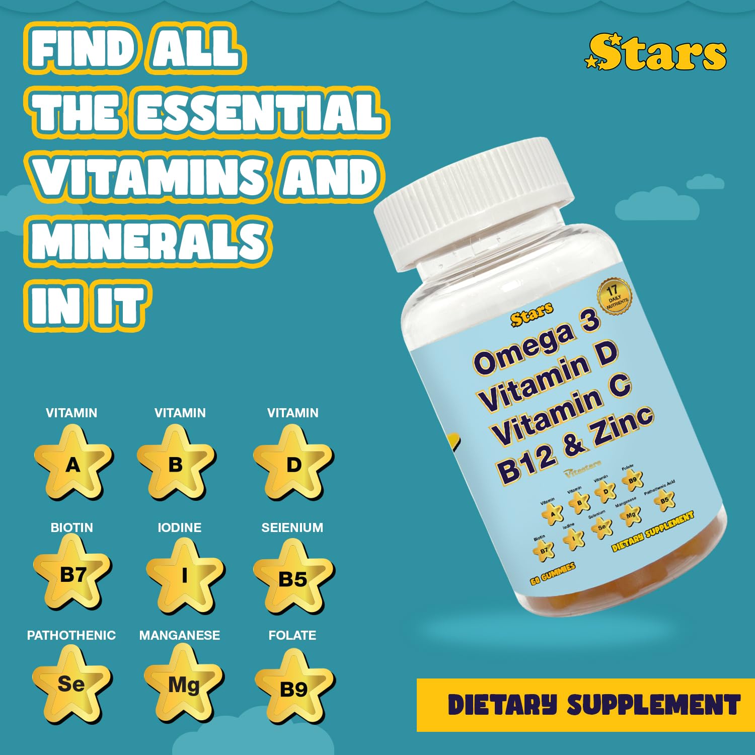 Adult Multivitamin Gummy with Omega 3, Chewable Multivitamin with Selenium, Vitamin A, B, C, D, Biotin, Multivitamin for Women, Multivitamin for Men, 60 Star Shaped Multivitamin Gummies