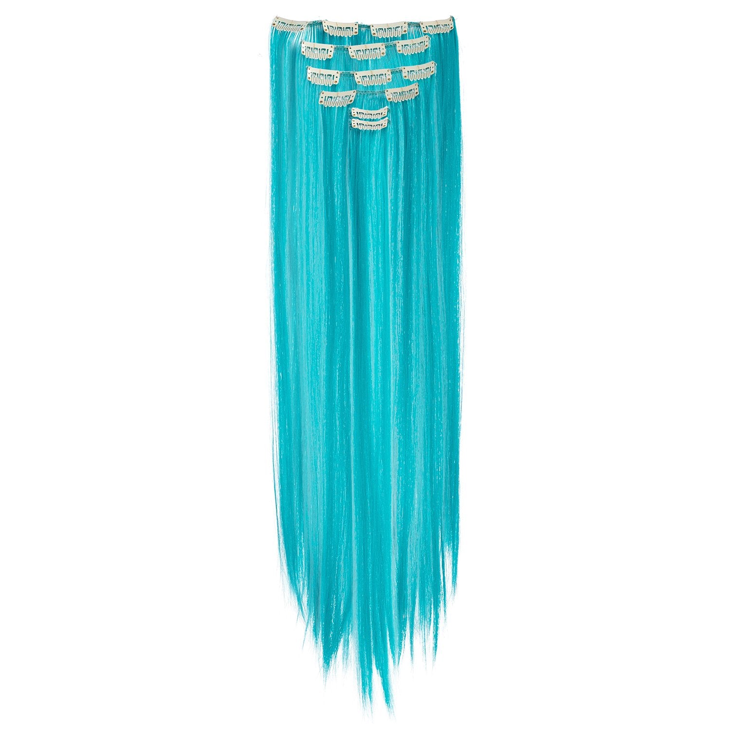 22-Inch Straight , Teal Blue : SWACC 7 Pcs Full Head Party Highlights Clip on in Hair Extensions Colored Hair Streak Synthetic Hairpieces (22-Inch Straight, Teal Blue)