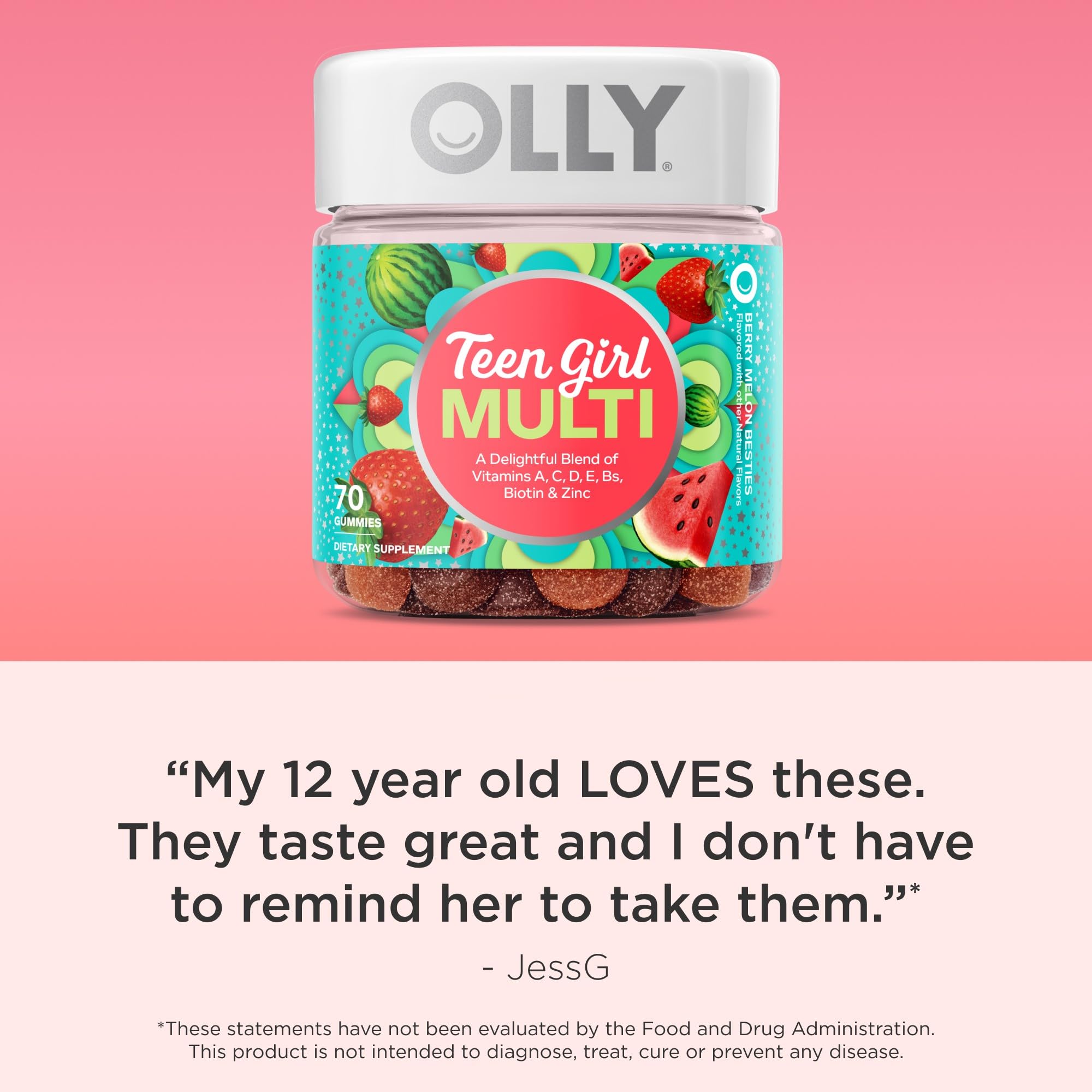 OLLY Teen Girl Multi Gummy, Healthy Skin and Immune Support*, Essential Vitamins, Biotin, Zinc, Chewable Multivitamin, Strawberry Melon Flavored, 50 Day Supply - 100 Count