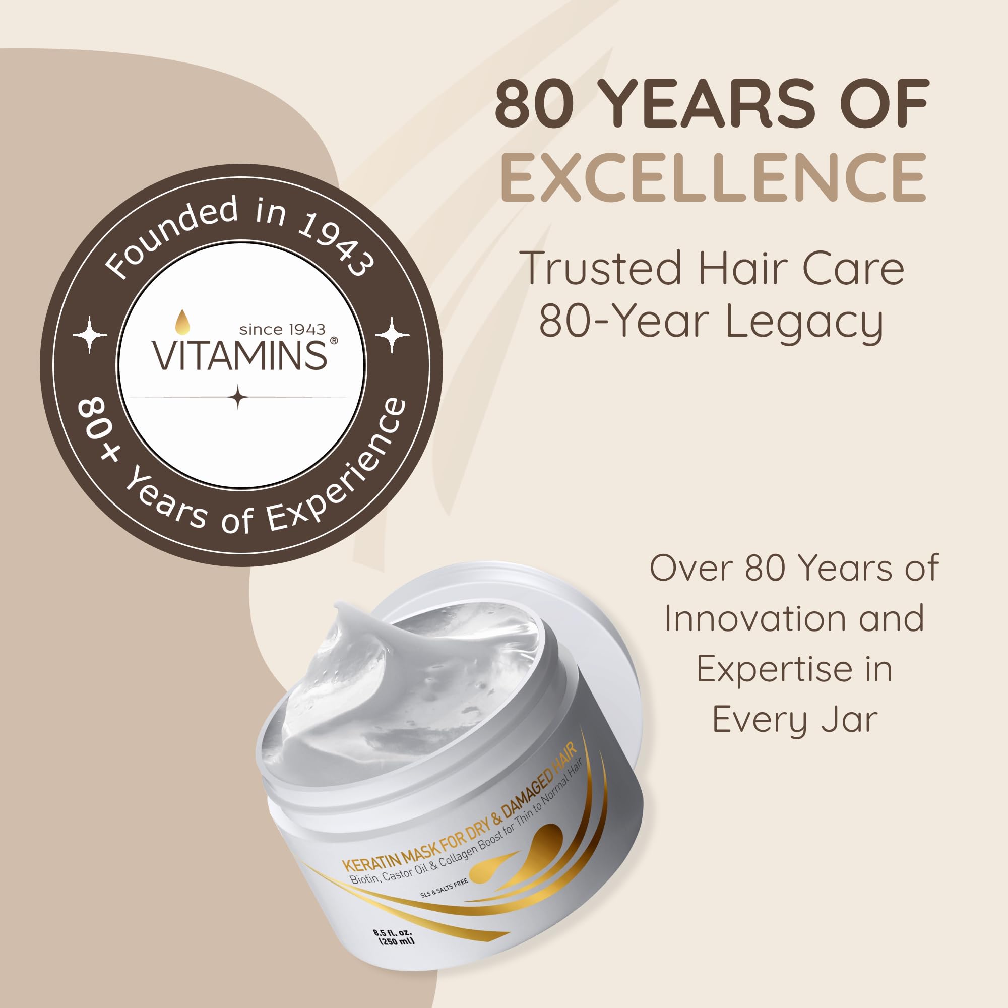 Vitamins Keratin Hair Mask Deep Conditioner - Biotin Collagen Protein & Castor Oil Repair for Dry Damaged or Color Treated Hair - Conditioning Treatment for Curly or Straight Thin Fine Hair