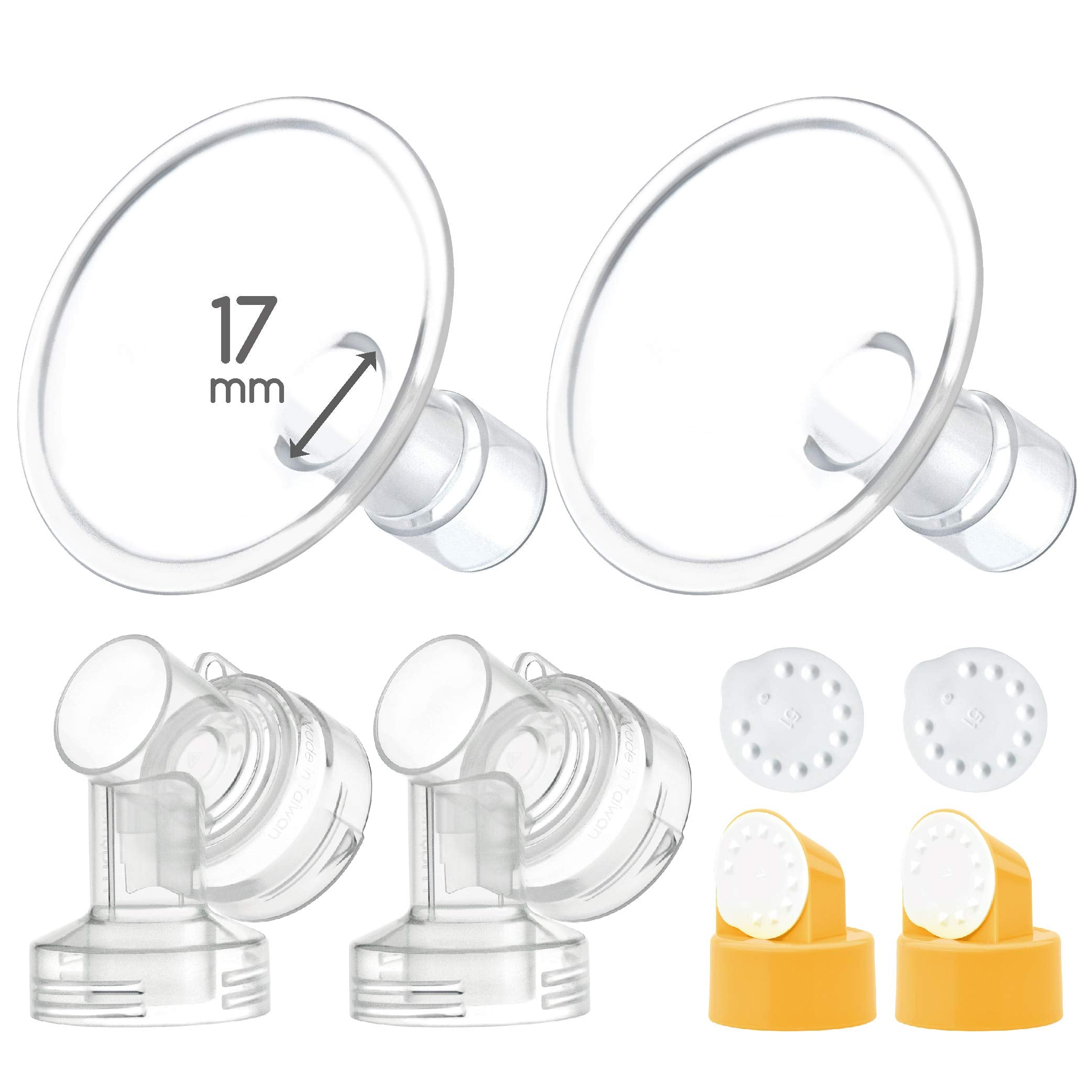 Maymom 17 mm 2X Two-Piece Breastshield, 2X Base Connector w/Valve and Membrane Compatible with Medela Breast Pumps; Small Shield (17mm)