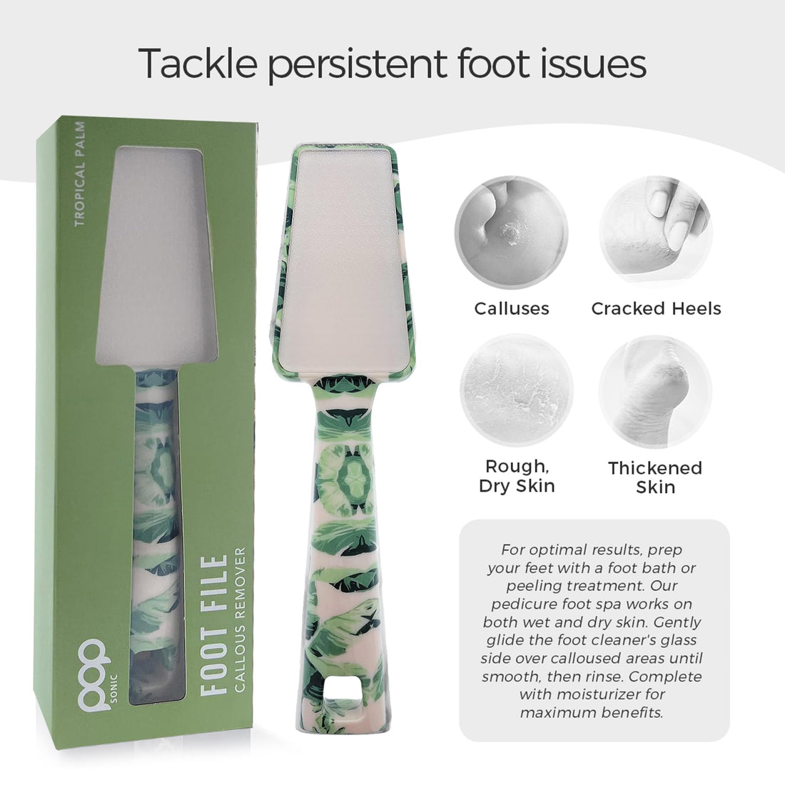 Pop Sonic Nano Glass Foot File (1 Unit) | Foot Callous Removal for Smooth, Soft Feet | Foot Scraper for Dead Skin Remover | Perfect Pedicure Tools at Home or Salon Use (Tropical Palm)