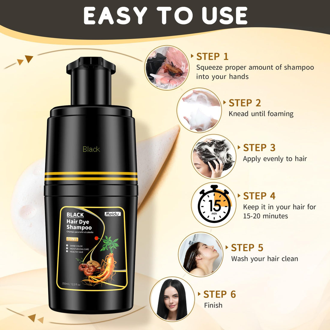 IIIMEIDU Black Hair dye Shampoo 3 in 1, Natural Hair Color Shampoo for Gray Hair, Shampoo Tinte Para el Cabello for Women and Men 100% Grey Hair Coverage, 350ml