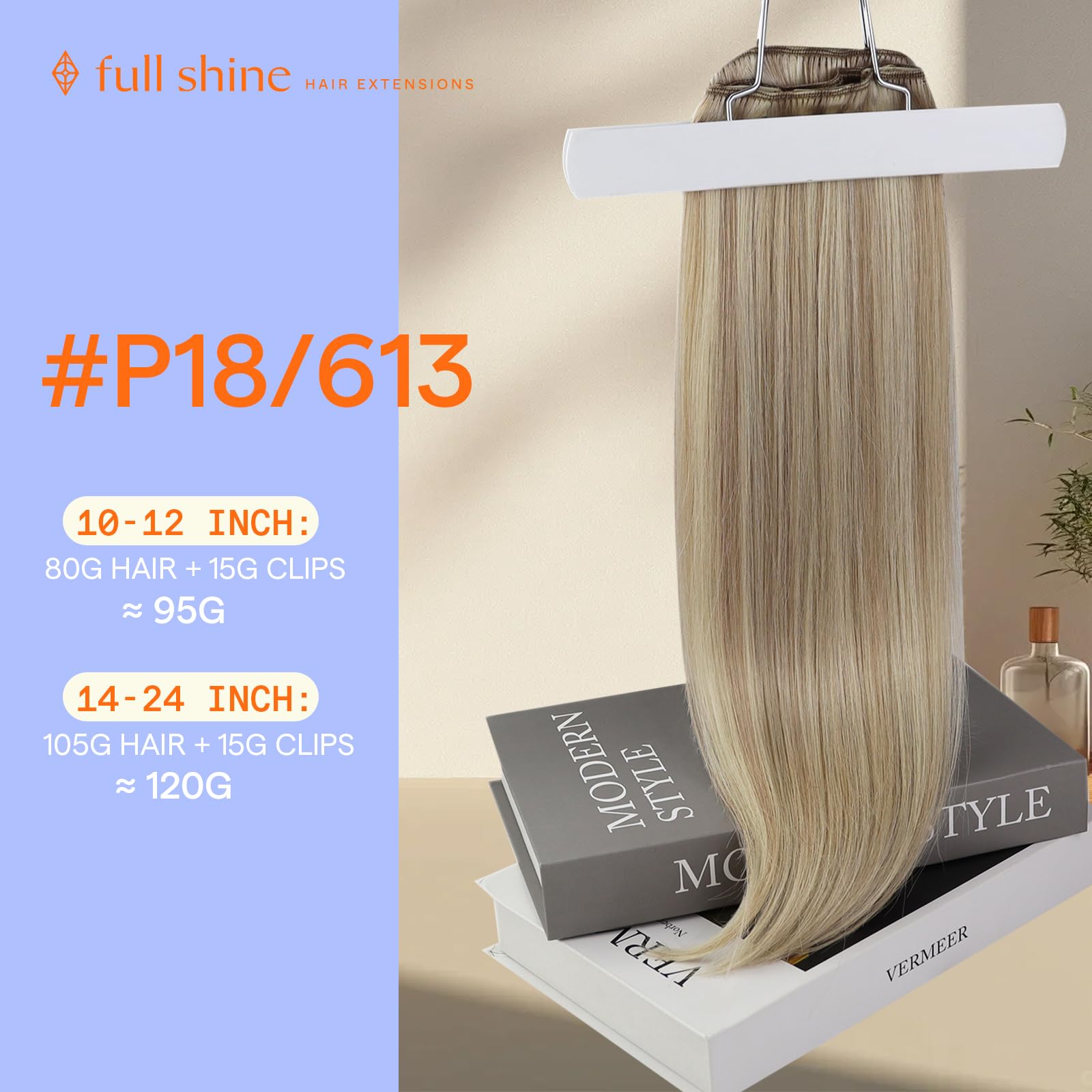 Full Shine Real Human Hair Extensions Clip ins Ash Blonde Highlighted 20 Inch Clip in Hair Extensions Real Human Hair Blonde 7 Pcs 120 G