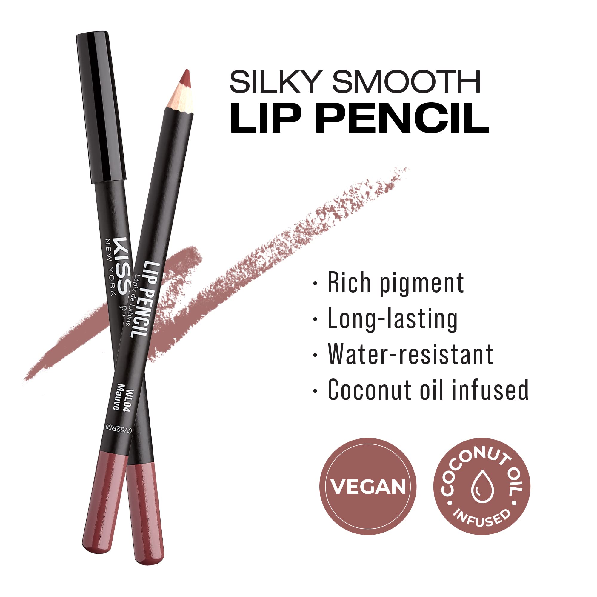 KISS NEW YORK Professional Slim Lip Pencil, Creamy Soft Lip Liner, Smooth Long-Lasting Rich Lip Color, Natural Lip Makeup, Water-Resistant Lip Crayon (Mauve)