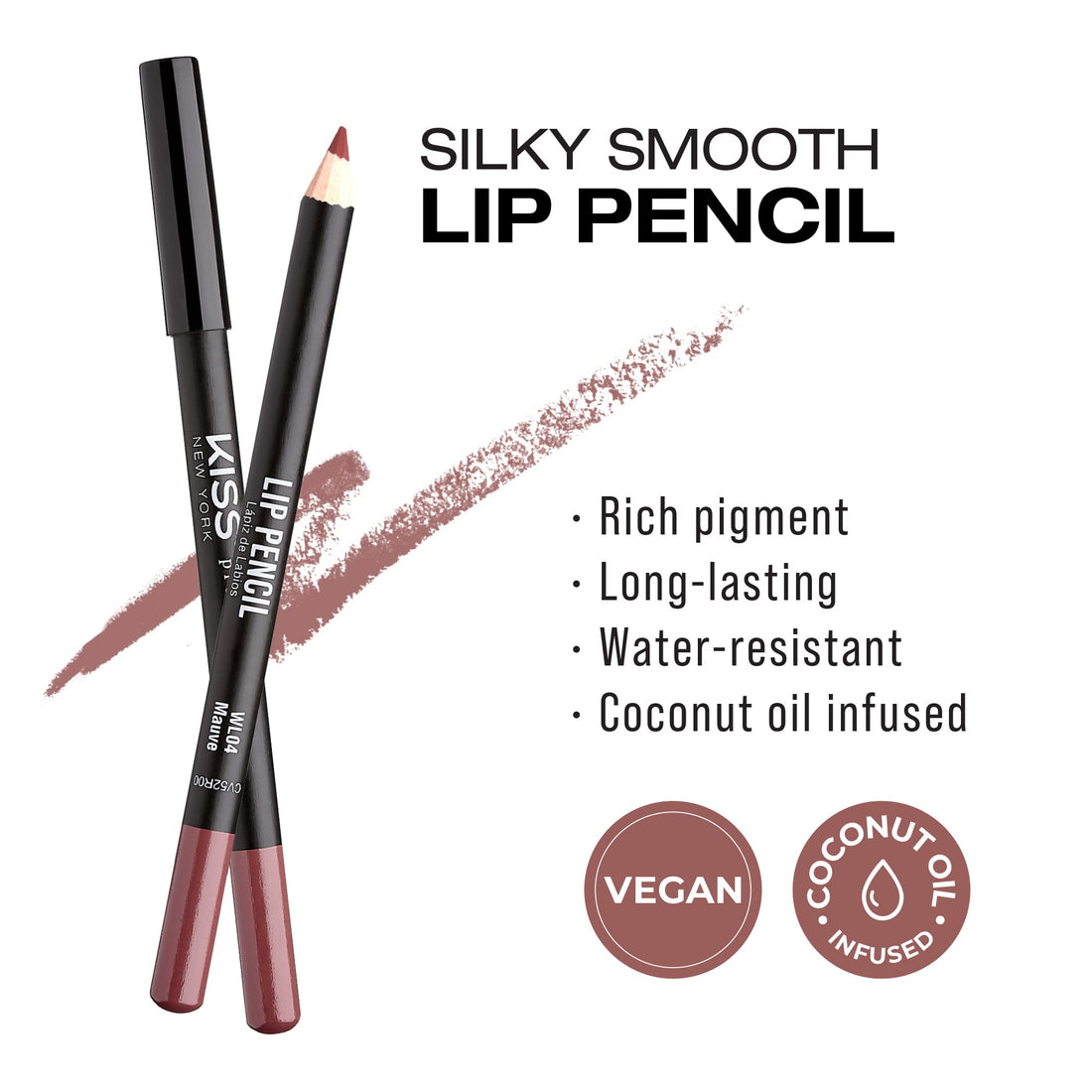 KISS NEW YORK Professional Slim Lip Pencil, Creamy Soft Lip Liner, Smooth Long-Lasting Rich Lip Color, Natural Lip Makeup, Water-Resistant Lip Crayon (Mauve)