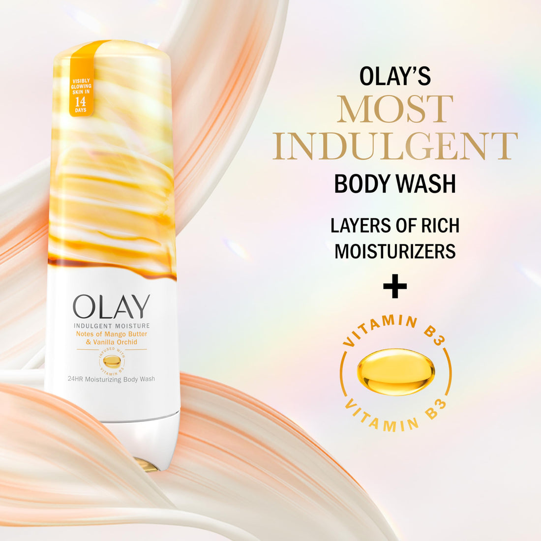 Olay Indulgent Moisture Body Wash for Women, Infused with Vitamin B3, Notes of Mango Butter and Vanilla Orchid Scent, 20 fl oz