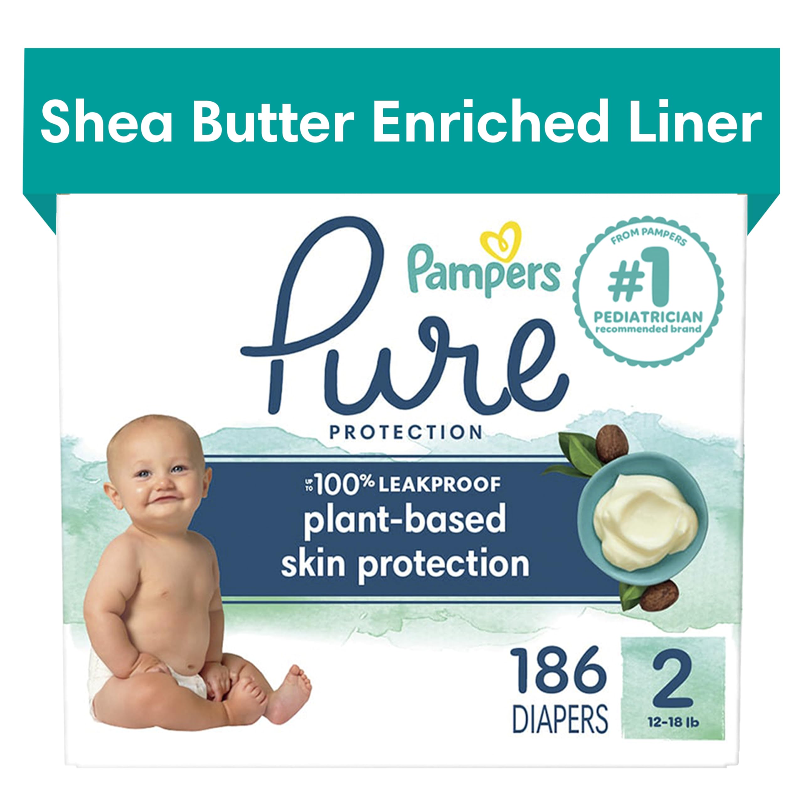 Pampers Diapers Size 2, 186 Count - Pampers Pure Disposable Baby Diapers, Hypoallergenic and Unscented Protection, ONE MONTH SUPPLY