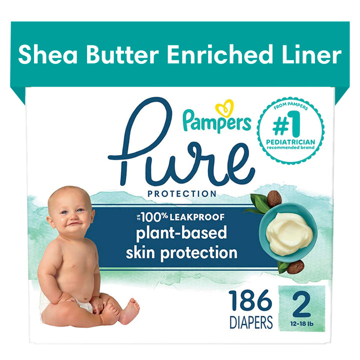 Pampers Diapers Size 2, 186 Count - Pampers Pure Disposable Baby Diapers, Hypoallergenic and Unscented Protection, ONE MONTH SUPPLY