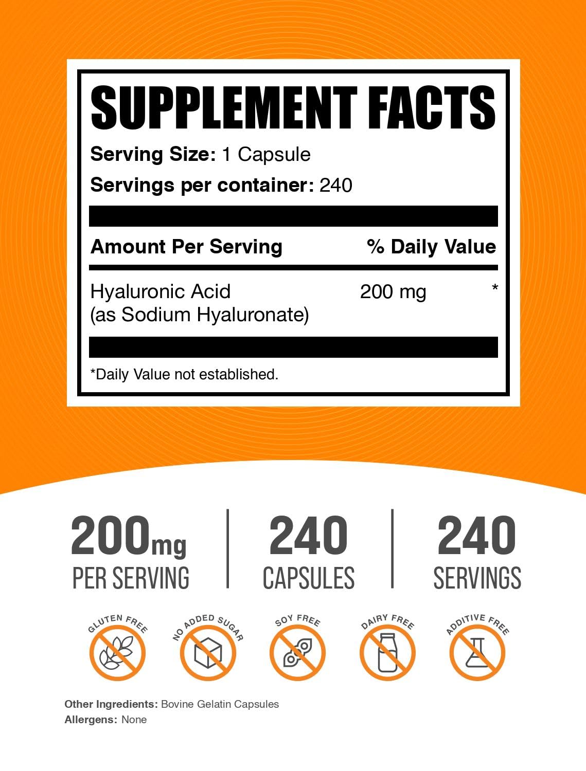 BulkSupplements.com Hyaluronic Acid Capsules - Hyaluronic Acid Supplements, Hyaluronic Acid 200mg - Pure & Gluten Free, 1 Capsule per Serving, 240 Capsules (Pack of 1)