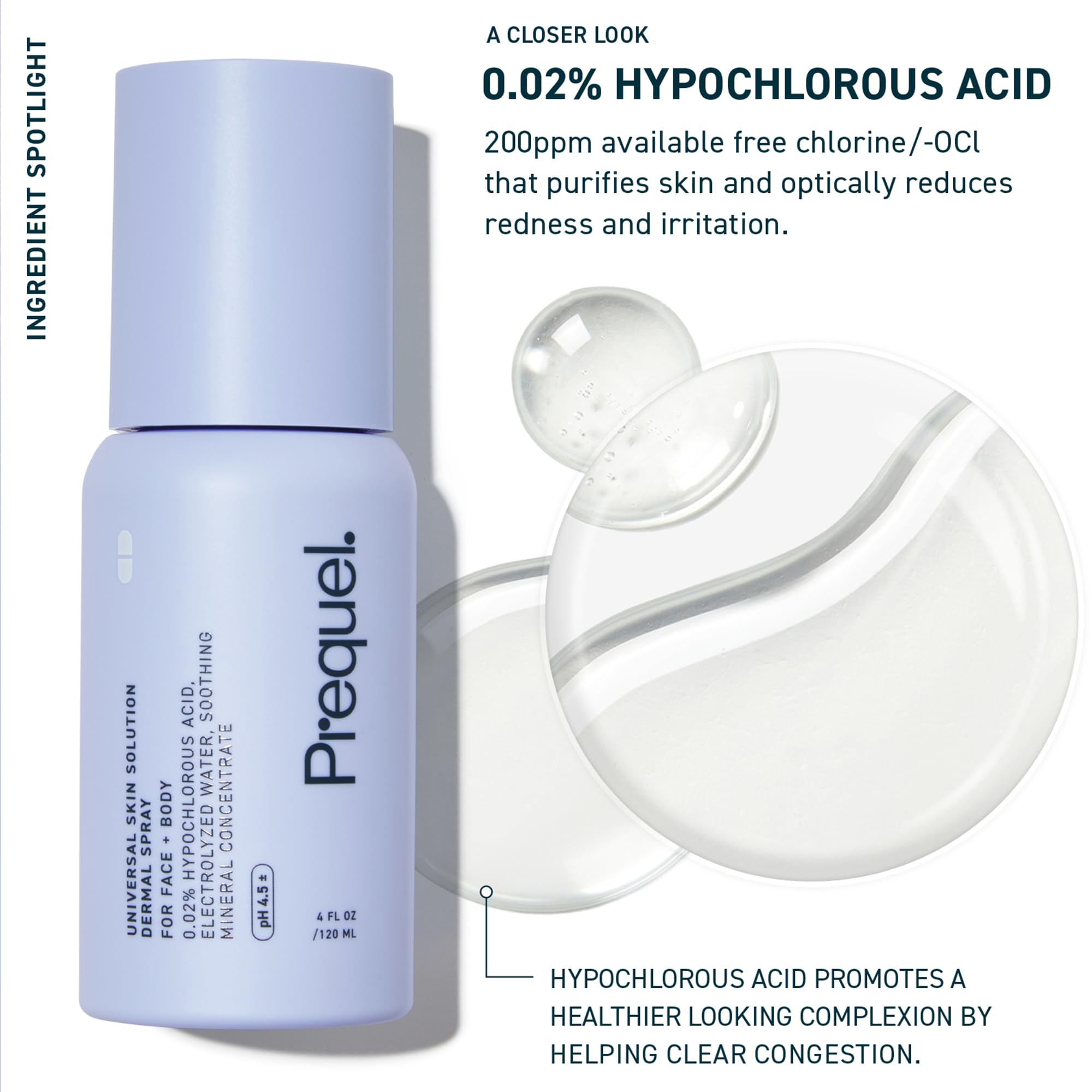 Prequel Skin Universal Skin Solution Hypochlorous Acid Spray for Face and Body. HOCL Facial Cleanser and Dermal Spray with Electrolyzed Water and Mineral Complex. pH-Stabilized Skin Care. 4oz