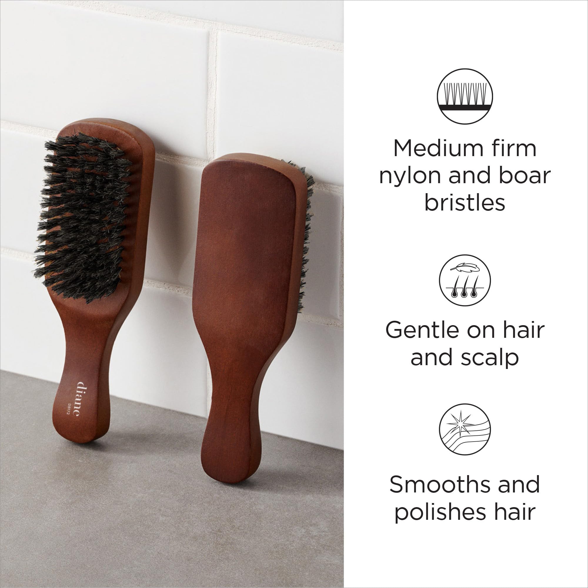 Diane medium firmness reinforced boar bristle, short handle style wave mens hair brush, d8172