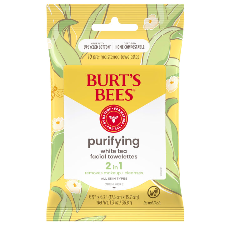 Burt's Bees Purifying Facial Towelettes With White Tea, Pre-Moistened Towelettes for All Skin Types, 99.1 Percent Natural Origin Skin Care, 10 ct. Package