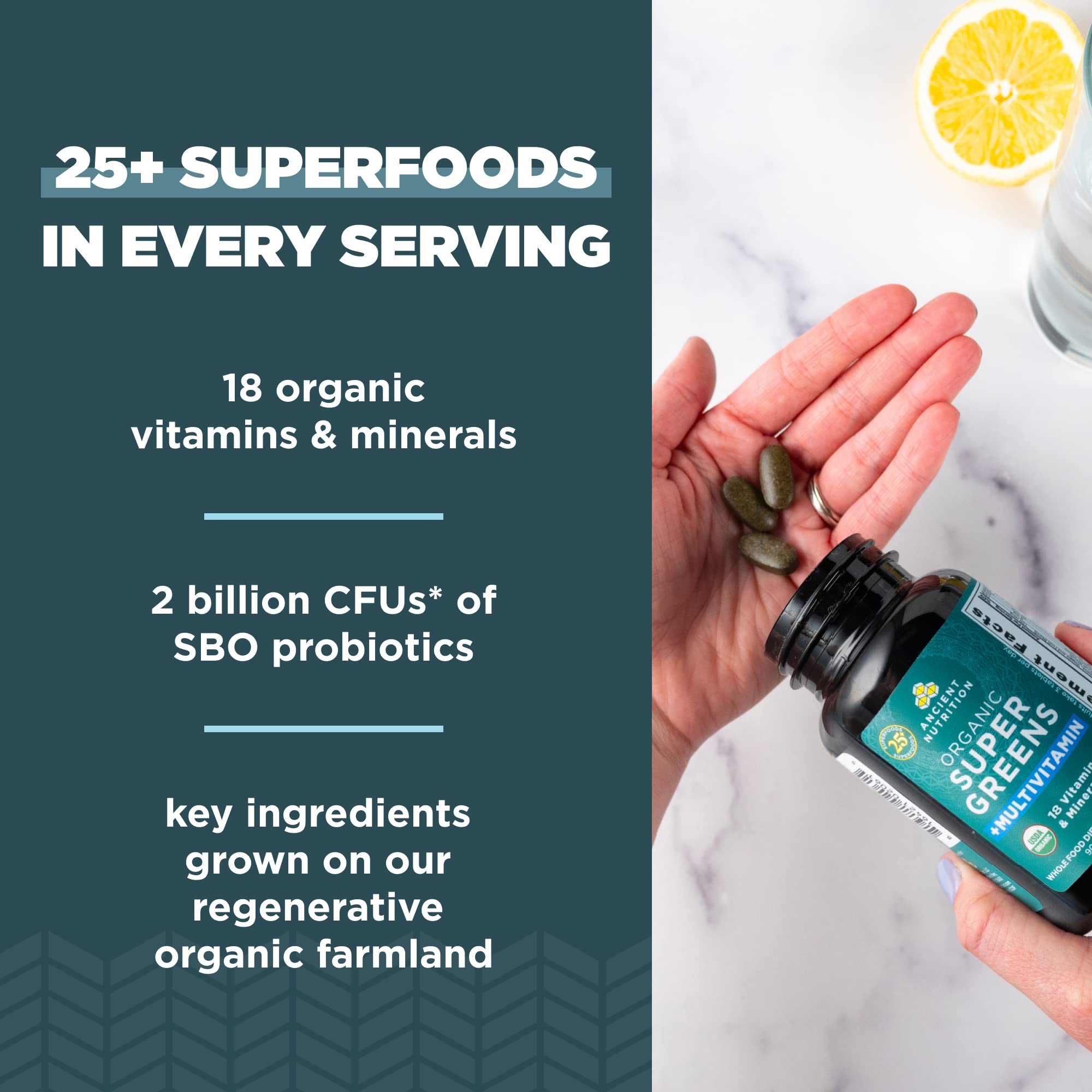 Ancient Nutrition Organic SuperGreens and Multivitamin Tablets with Probiotics, Made from Real Fruits, Vegetables and Herbs, for Digestive, Detoxification and Energy Support, 90 Count