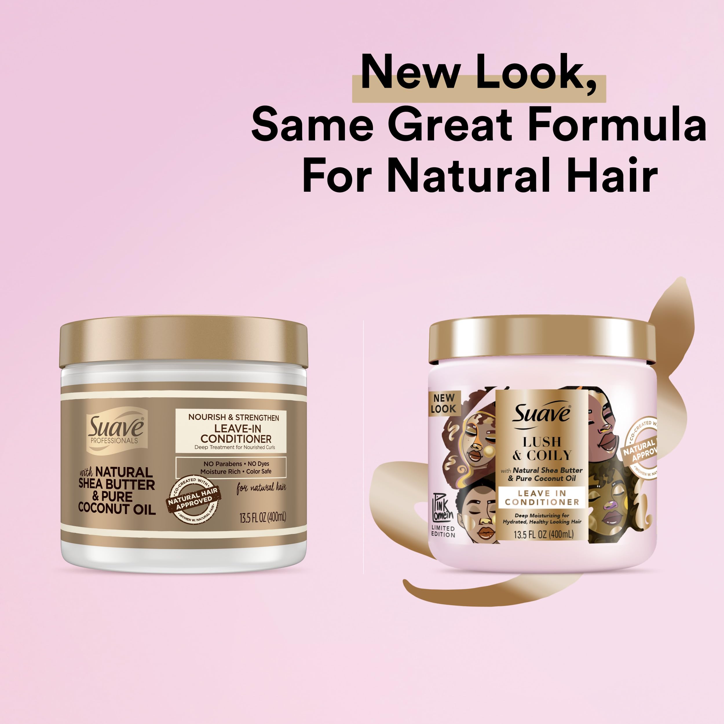 Suave Leave-In Conditioner, Lush & Coily, 2-Pack –Coconut Oil, Shea Butter & Amino Complex Natural Hair Care Products, Anti-Frizz, 13.5 Oz Ea