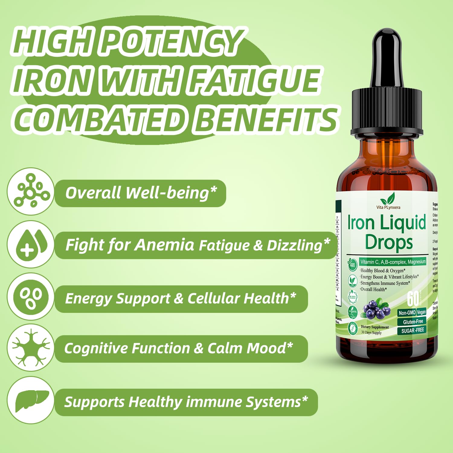 2 Pack Liquid Iron Supplement for Women Men & Kids, Vegan Iron Drops with Vitamin C D, B12, B-Complex, High Potency Liquid Iron with Multivitamin for Anemia, Energy Support, Magnesium Iron Gentle