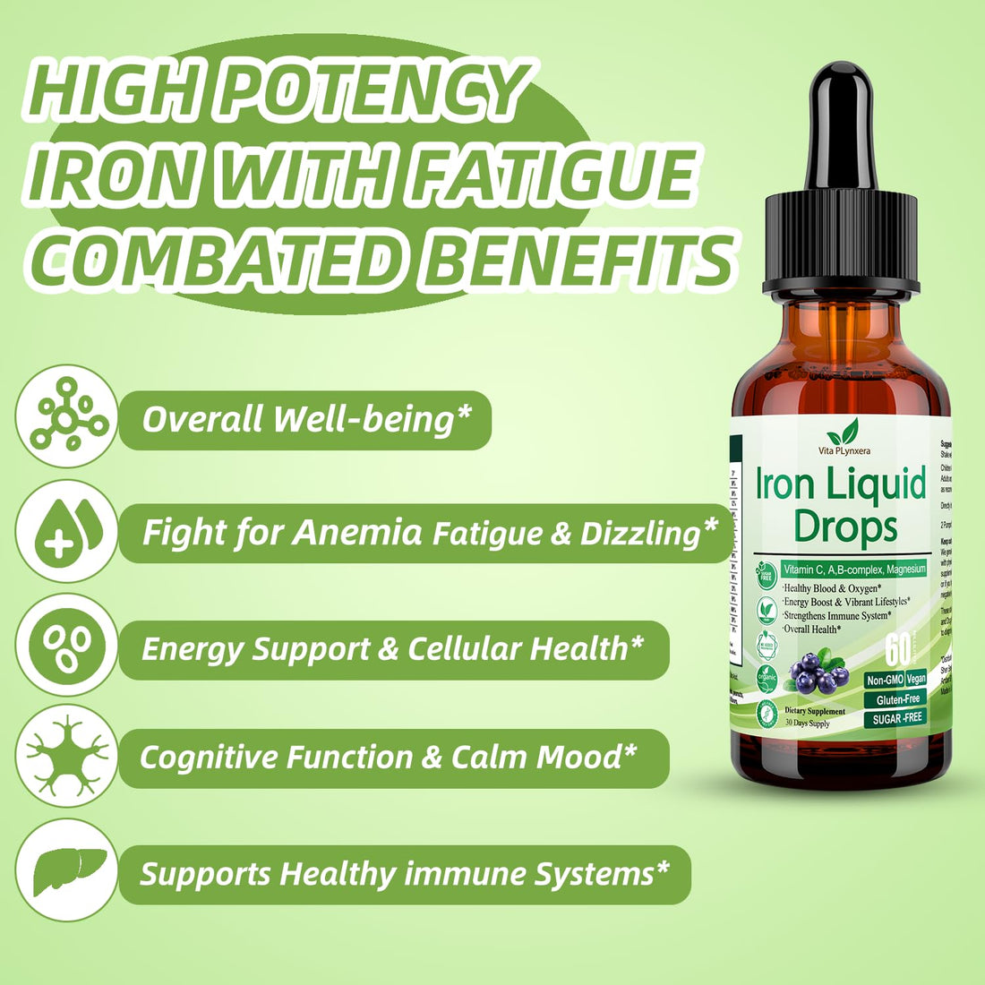 2 Pack Liquid Iron Supplement for Women Men & Kids, Vegan Iron Drops with Vitamin C D, B12, B-Complex, High Potency Liquid Iron with Multivitamin for Anemia, Energy Support, Magnesium Iron Gentle