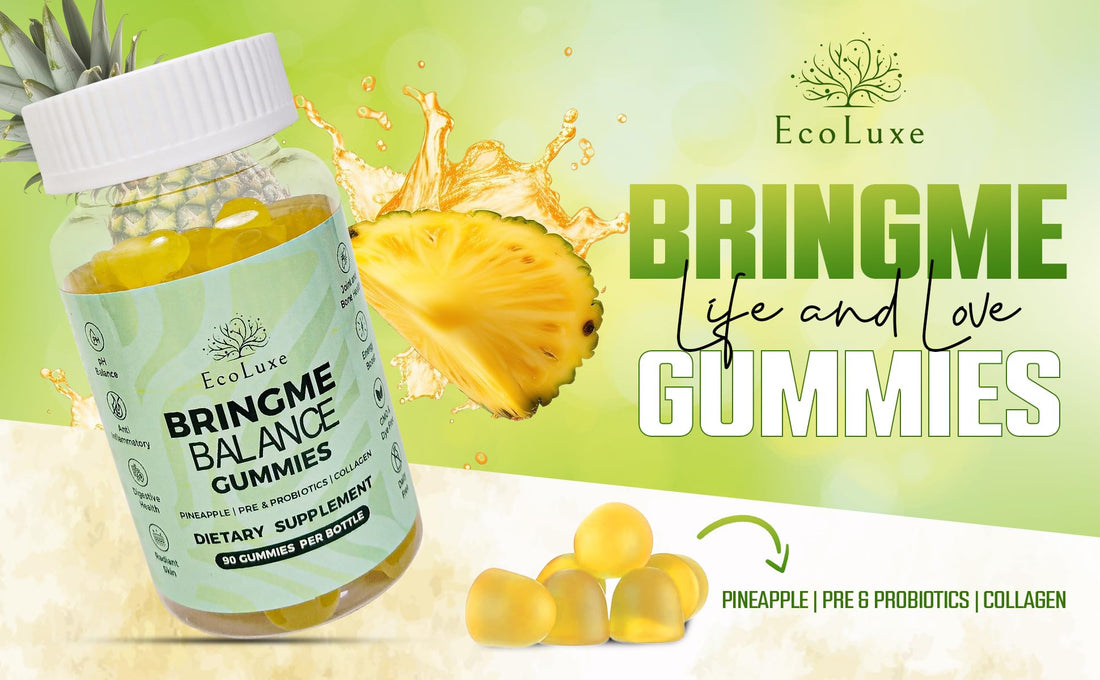 EcoLuxe BRINGME Balance: Pre & Probiotic, Collagen Gummies - Balanced pH, Healthy Odor, Radiant Skin, & Digestive Health, All Natural Ingredients & Low Sugar - Tasty Pineapple (90 Count)