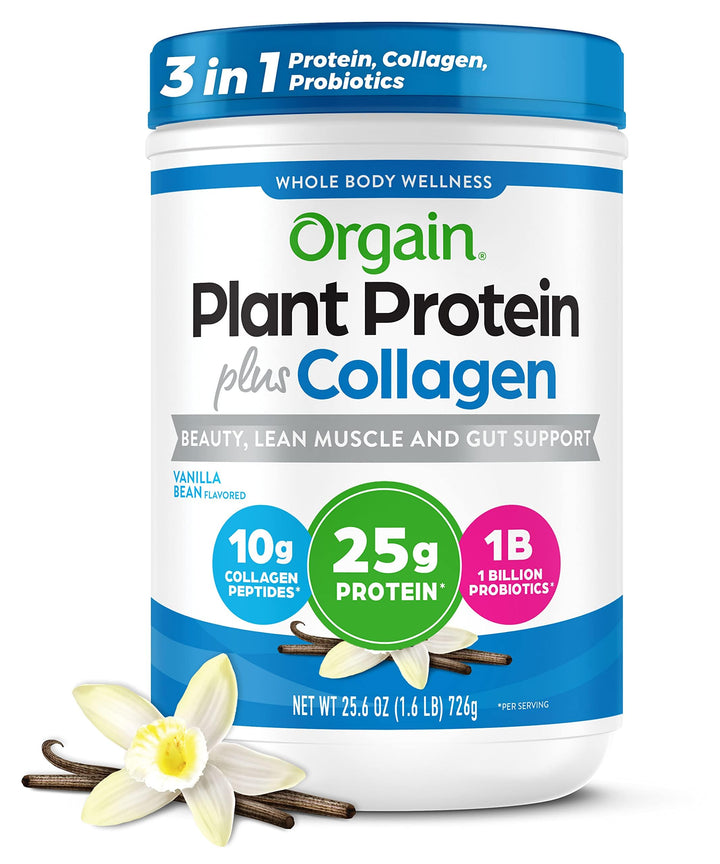 Orgain Protein Powder + Collagen, Vanilla Bean - 25g of Protein, 10g Collagen Peptides, Type I & III, 1B CFU Probiotics, Supports Hair, Skin, Nail, Joint & Gut Health, Gluten Free - 1.6lb