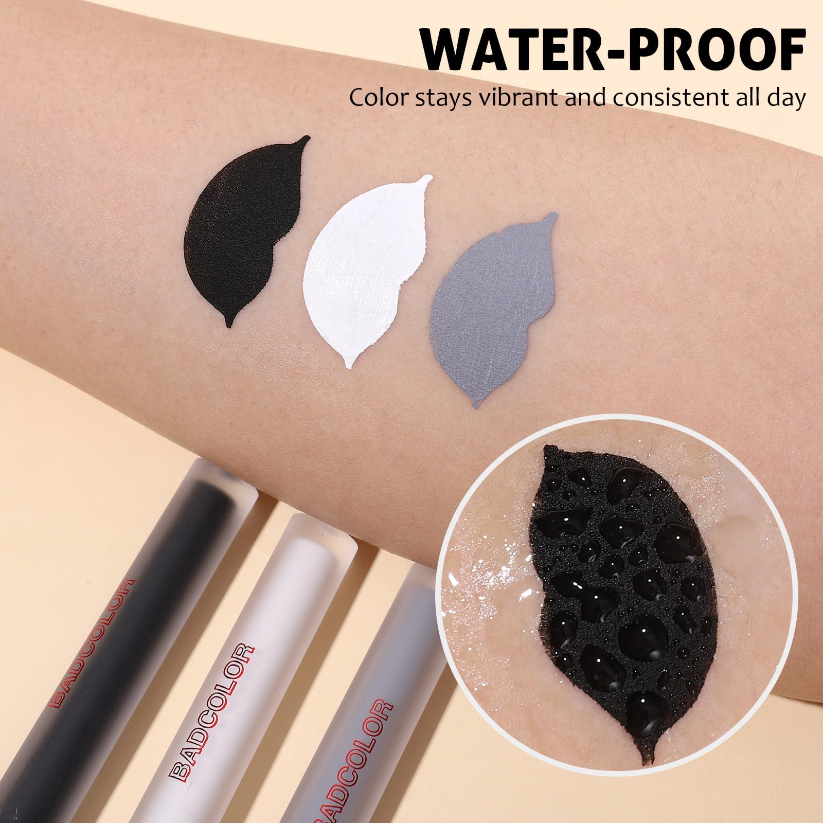 BADCOLOR 3 Colors Matte Liquid Lipstick Set, Black White Grey Halloween Makeup Lip Stain, Highly Pigmented Smudge Proof Waterproof Velvet Lip Gloss Set