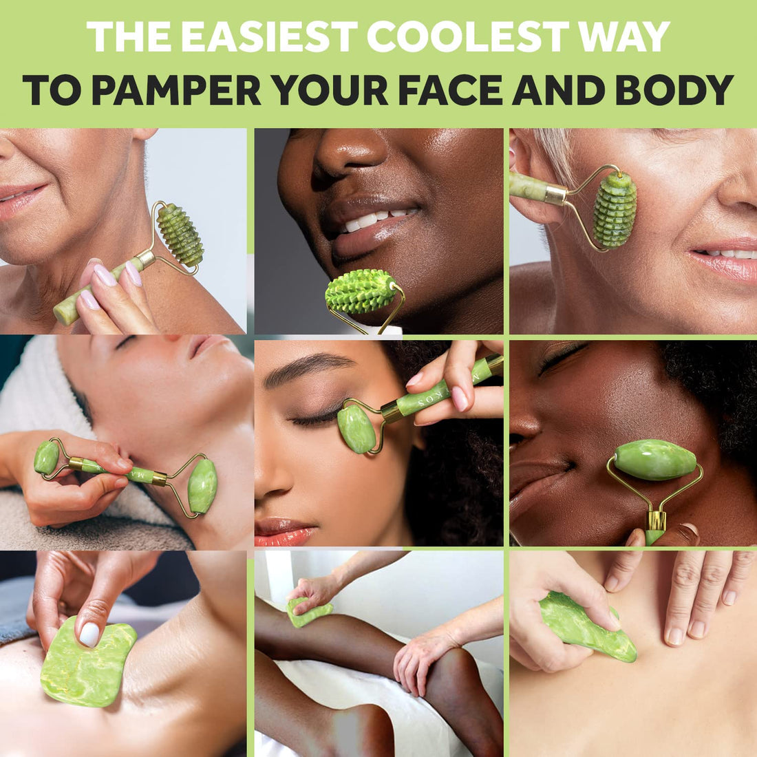 3 in 1 Jade Roller for Face and Gua Sha Set - Helps Reducing Drainage Puffiness Wrinkles Authentic Jade Face Massager Kit - Ridged Roller and Carrying Pouch