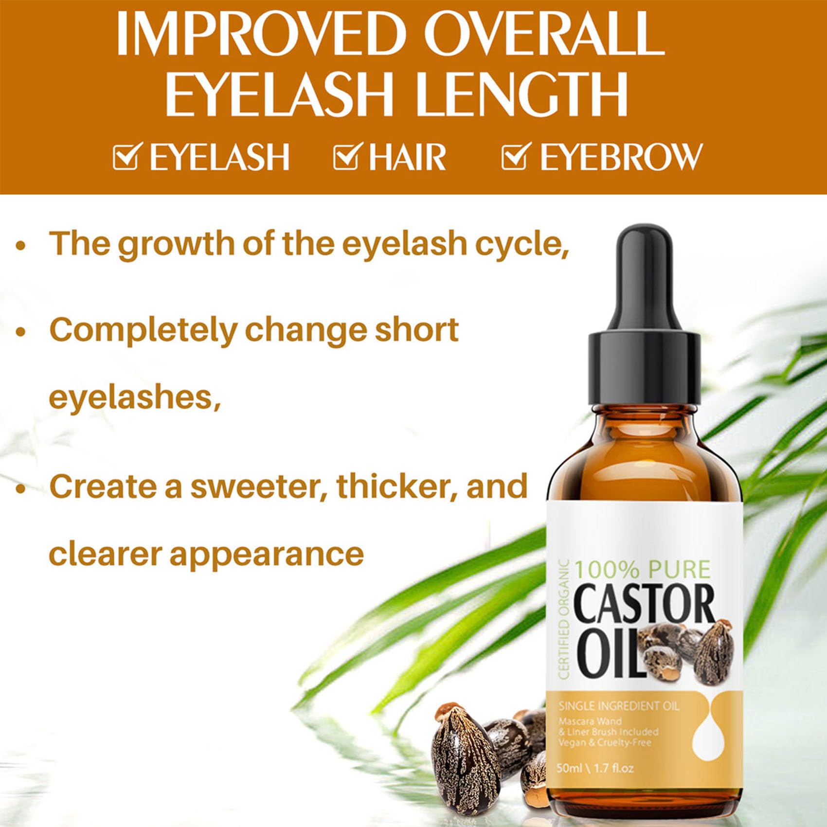 Castor Oil for Eyelashes and Eyebrows, Eyelash Castor Oil Growth Serum with Mascara Tubes to Grow Eyelashes Fast and Thicker, Cold Pressed Organic Castor Oil for Hair Face, Skin and Body Moisturizer