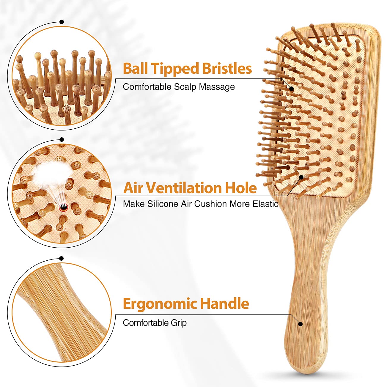 BundlePro Pack of 2 Bamboo Hair Brushes | Natural Ecofriendly Brush with Bristles Massages Scalp AntiStatic Detangle for All Types Lightweight Travel Size (Paddle)