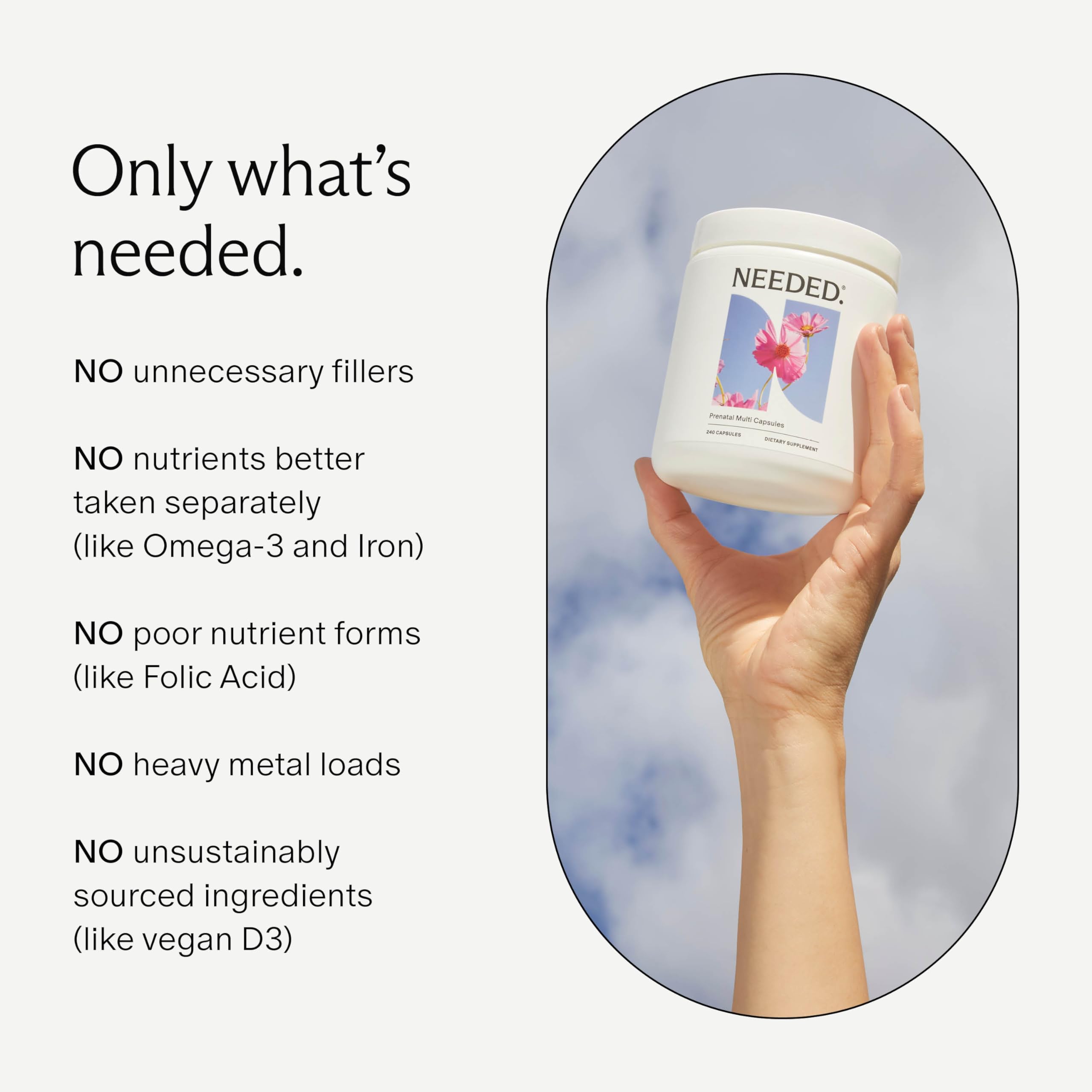 Needed. Prenatal Multivitamin with Citrus Scent Insert - Complete Prenatal Multi for Before, During, & After Pregnancy - 26 Optimal Nutrients Including Choline, Vitamin B, & Folate - 30 Day Supply