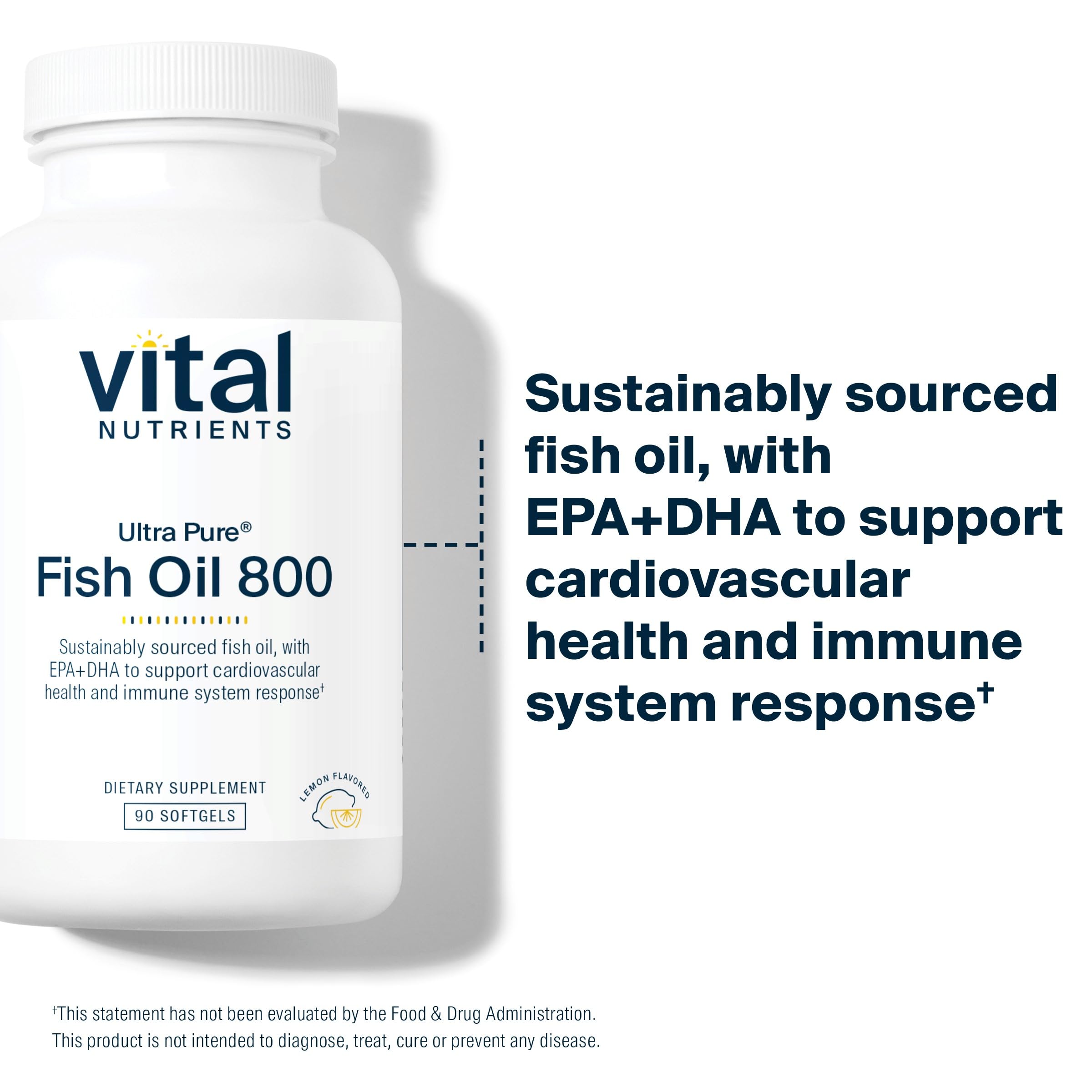 Vital Nutrients Ultra Pure® Fish Oil 800 | Supports Heart, Brain, & Immune Health* | Sustainably Sourced High EPA & DHA Omega-3 Fatty Acid | Lemon Flavor | Gluten, Dairy, Soy Free | 90 Softgels