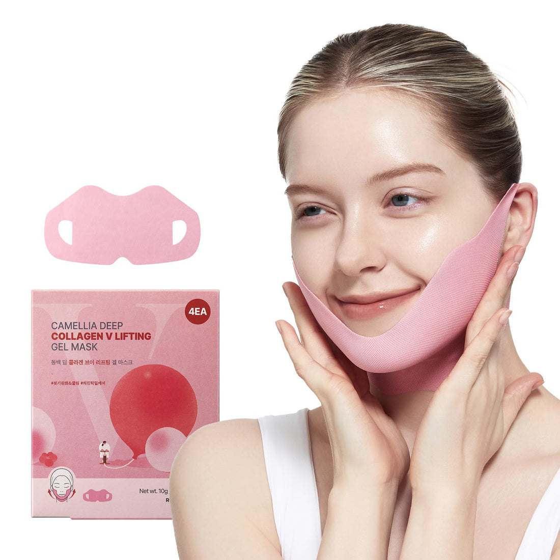 ROUND LAB Camellia Deep Collagen V Lifting Gel Mask 10g/0.35oz * 4EA | face toning belt, collagen v-line mask, improves sagging skin, lifting & firming, double-chin mask, instant cooling & depuffing