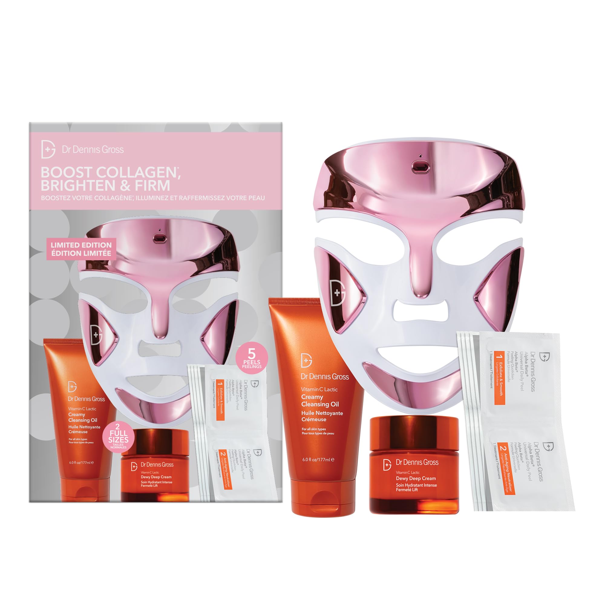 Dr. Dennis Gross Boost Collagen, Brighten & Firm Kit – Pink dpl Faceware Pro LED Device + Cleansing Oil + Dewy Deep Cream + 5 Universal Daily Peels | $592 Value Limited Edition Gift Set